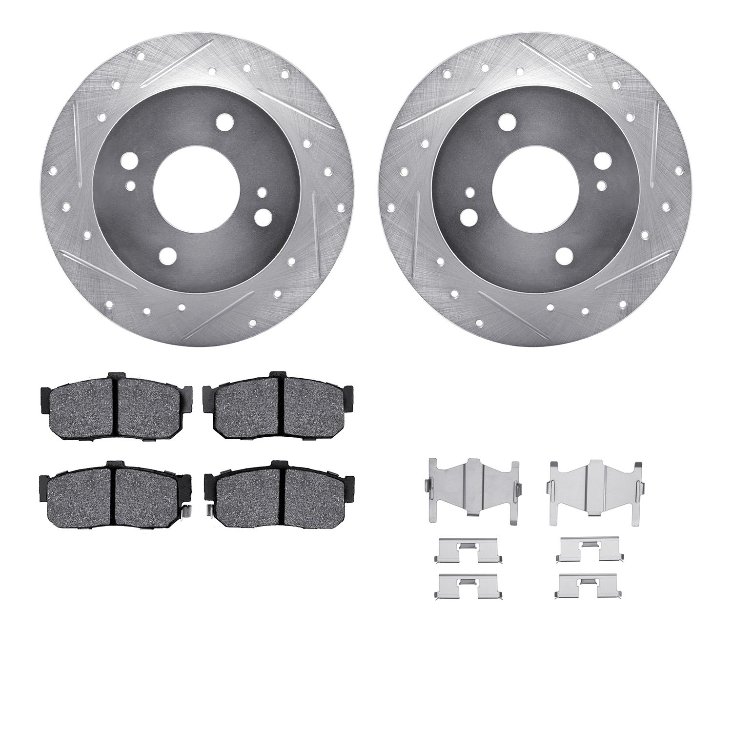 7512-67036 Drilled/Slotted Brake Rotors w/5000 Advanced Brake Pads Kit & Hardware [Silver], 1991-2001 Infiniti/Nissan, Position: