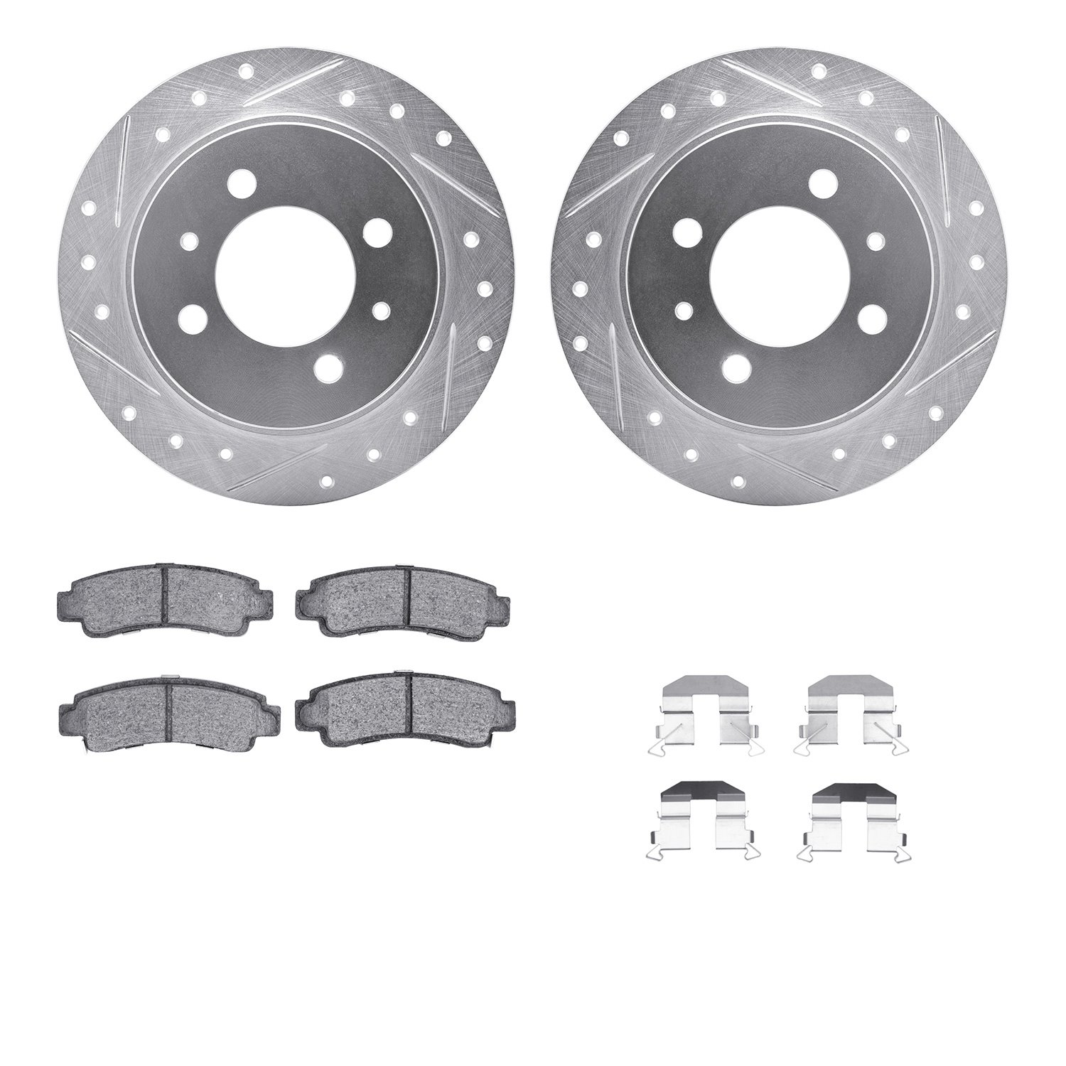 7512-67039 Drilled/Slotted Brake Rotors w/5000 Advanced Brake Pads Kit & Hardware [Silver], 1991-2006 Infiniti/Nissan, Position: