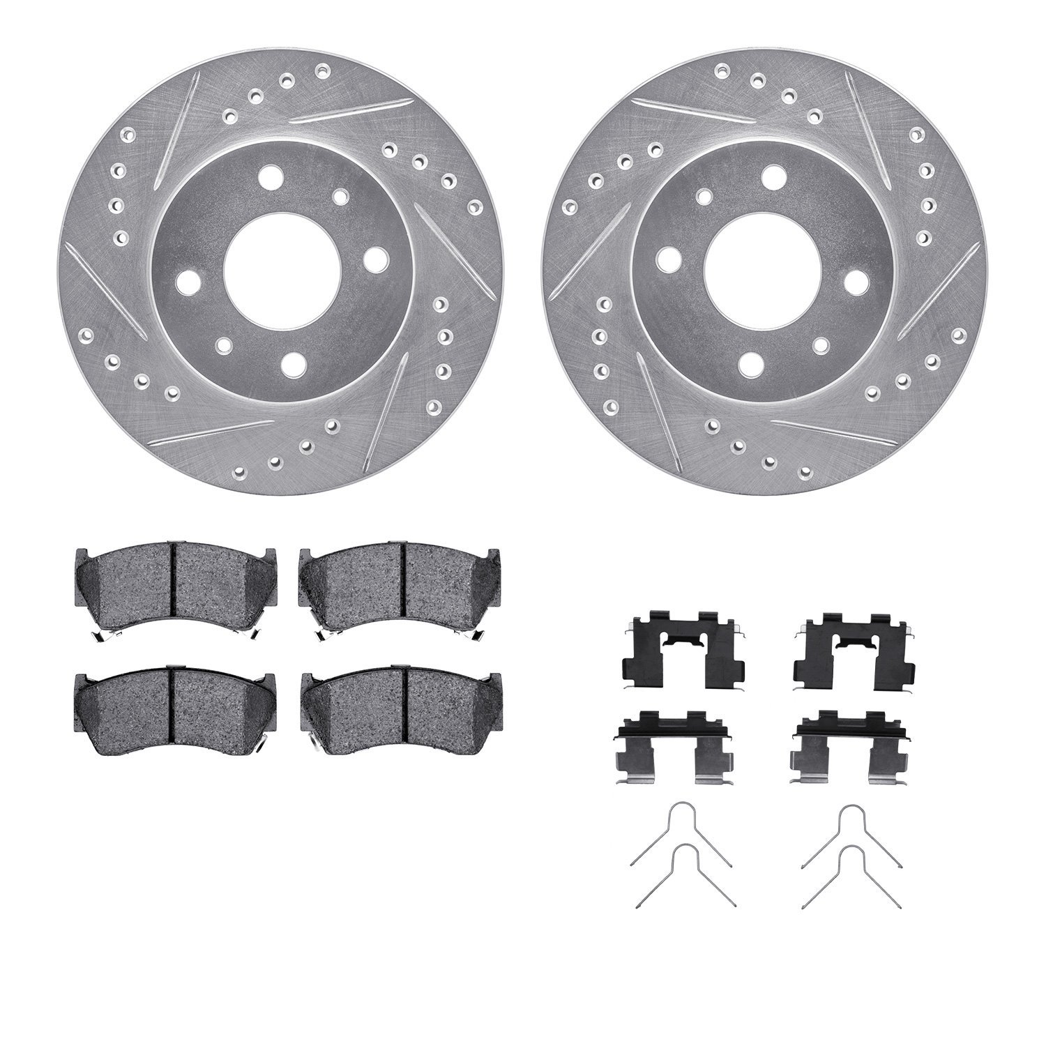 7512-67047 Drilled/Slotted Brake Rotors w/5000 Advanced Brake Pads Kit & Hardware [Silver], 1995-1999 Infiniti/Nissan, Position: