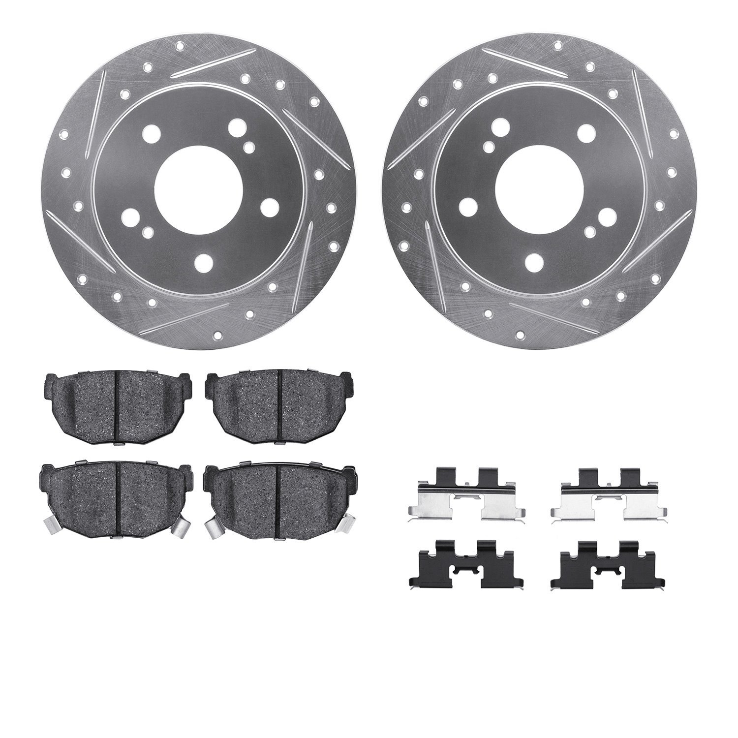 7512-67048 Drilled/Slotted Brake Rotors w/5000 Advanced Brake Pads Kit & Hardware [Silver], 1994-1998 Infiniti/Nissan, Position: