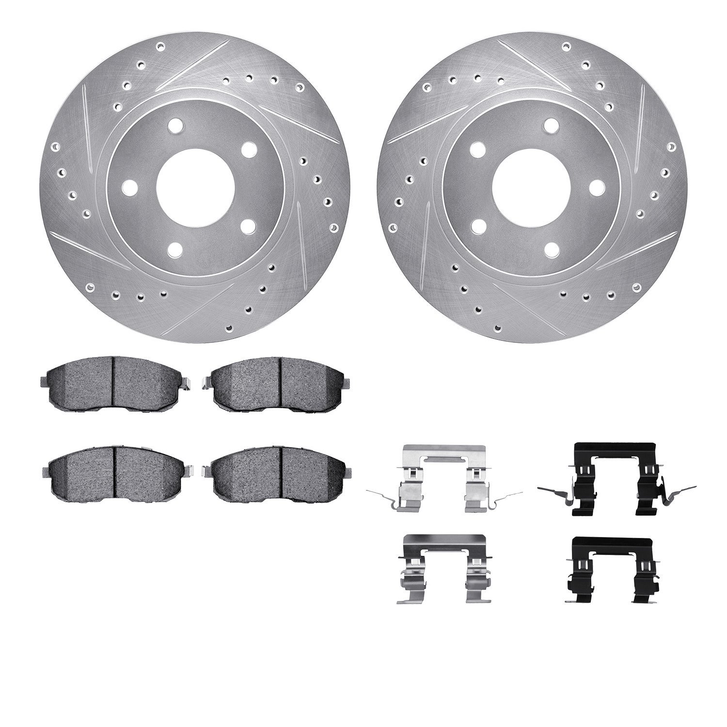 7512-67053 Drilled/Slotted Brake Rotors w/5000 Advanced Brake Pads Kit & Hardware [Silver], 1999-2001 Infiniti/Nissan, Position: