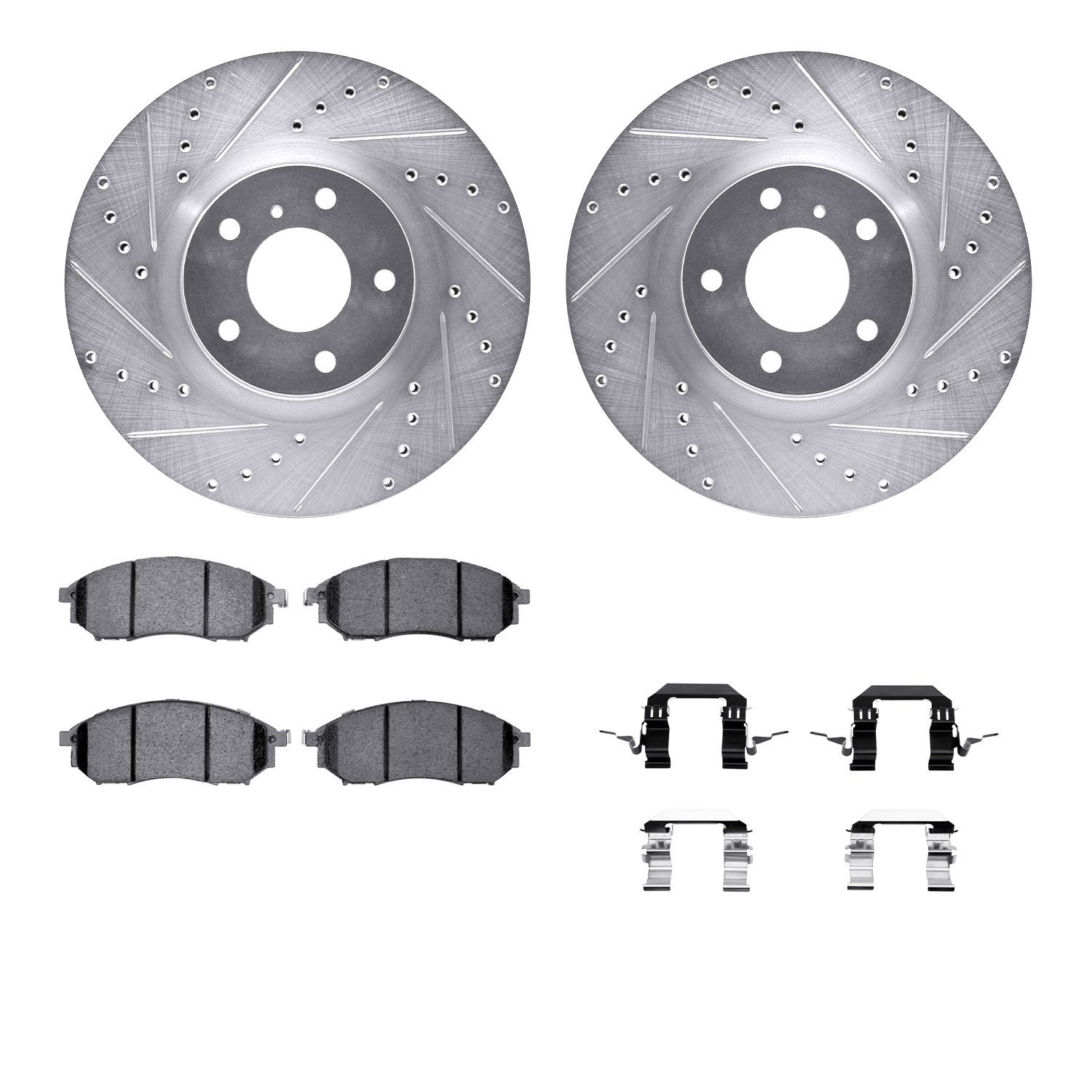7512-67057 Drilled/Slotted Brake Rotors w/5000 Advanced Brake Pads Kit & Hardware [Silver], 2005-2013 Infiniti/Nissan, Position: