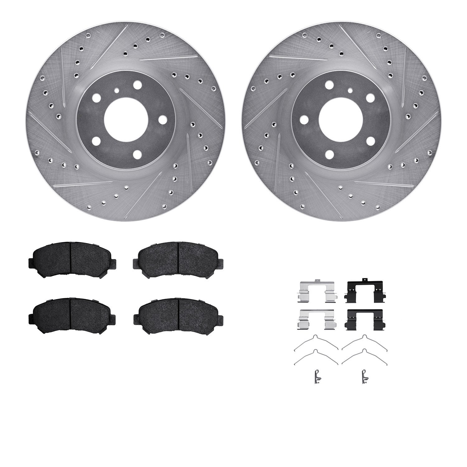 7512-67058 Drilled/Slotted Brake Rotors w/5000 Advanced Brake Pads Kit & Hardware [Silver], 2009-2021 Infiniti/Nissan, Position: