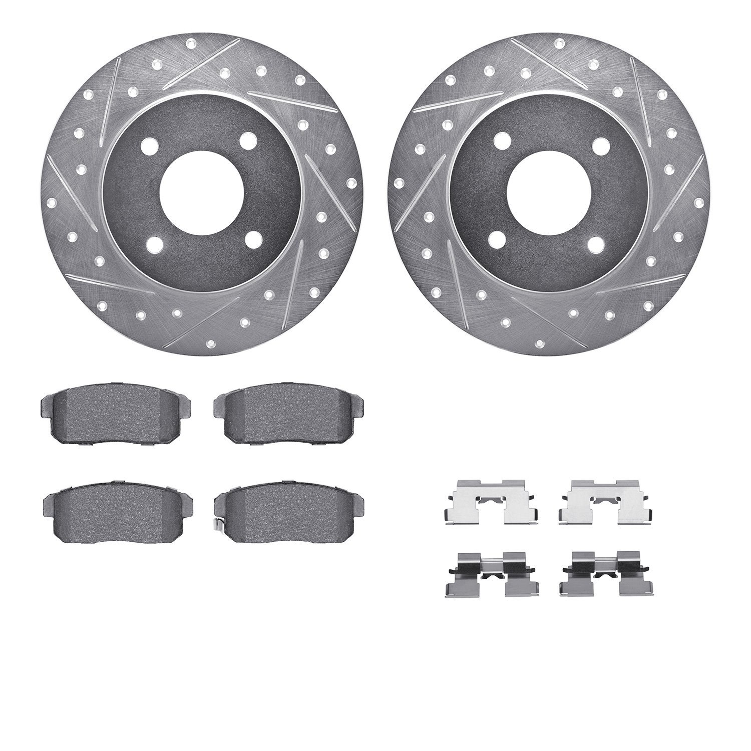 7512-67059 Drilled/Slotted Brake Rotors w/5000 Advanced Brake Pads Kit & Hardware [Silver], 2004-2006 Infiniti/Nissan, Position: