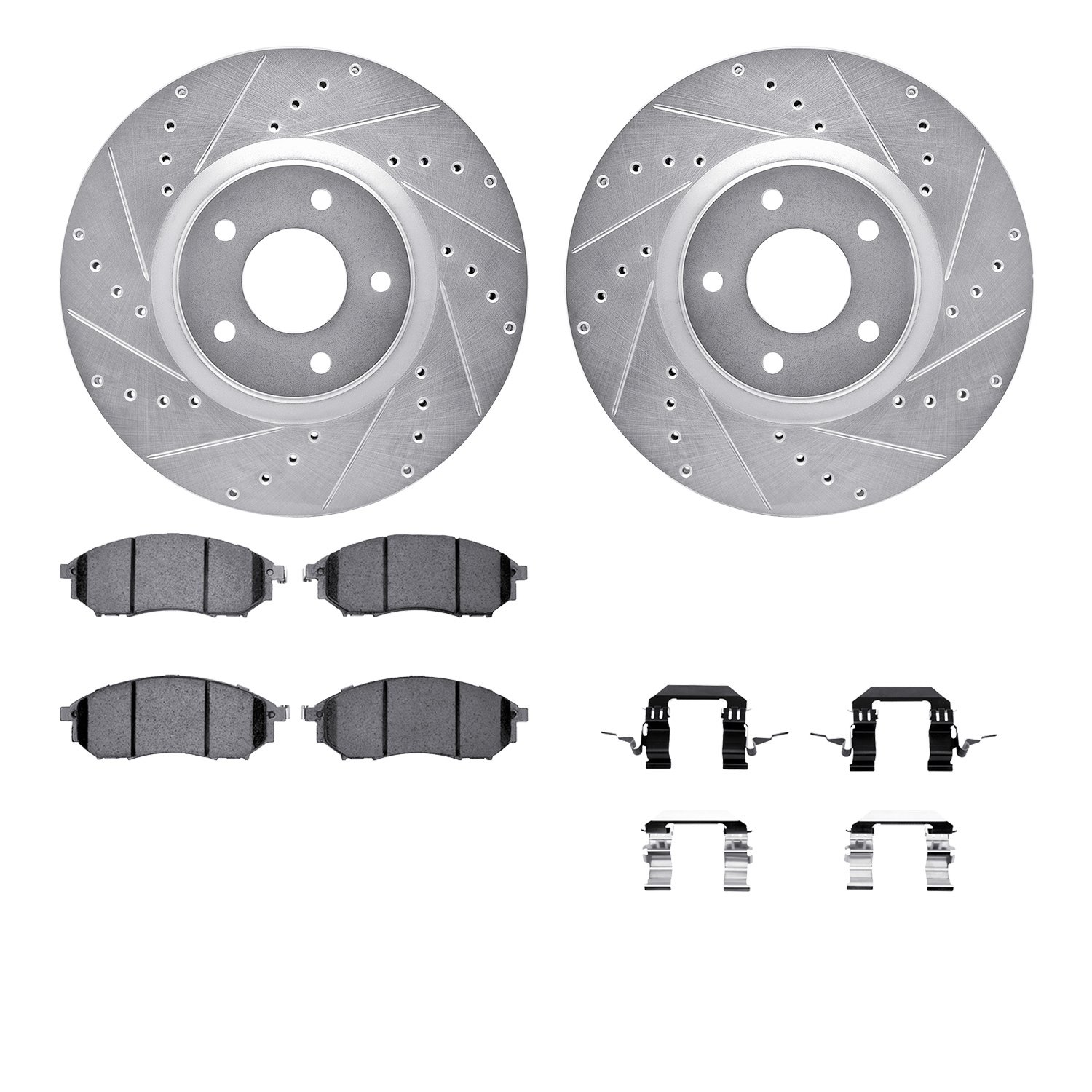 7512-67068 Drilled/Slotted Brake Rotors w/5000 Advanced Brake Pads Kit & Hardware [Silver], 2009-2016 Renault, Position: Front