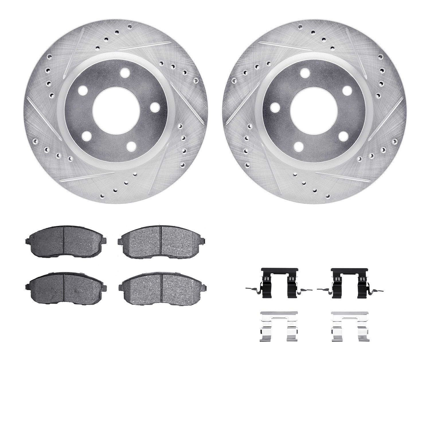 7512-67071 Drilled/Slotted Brake Rotors w/5000 Advanced Brake Pads Kit & Hardware [Silver], 2013-2019 Infiniti/Nissan, Position: