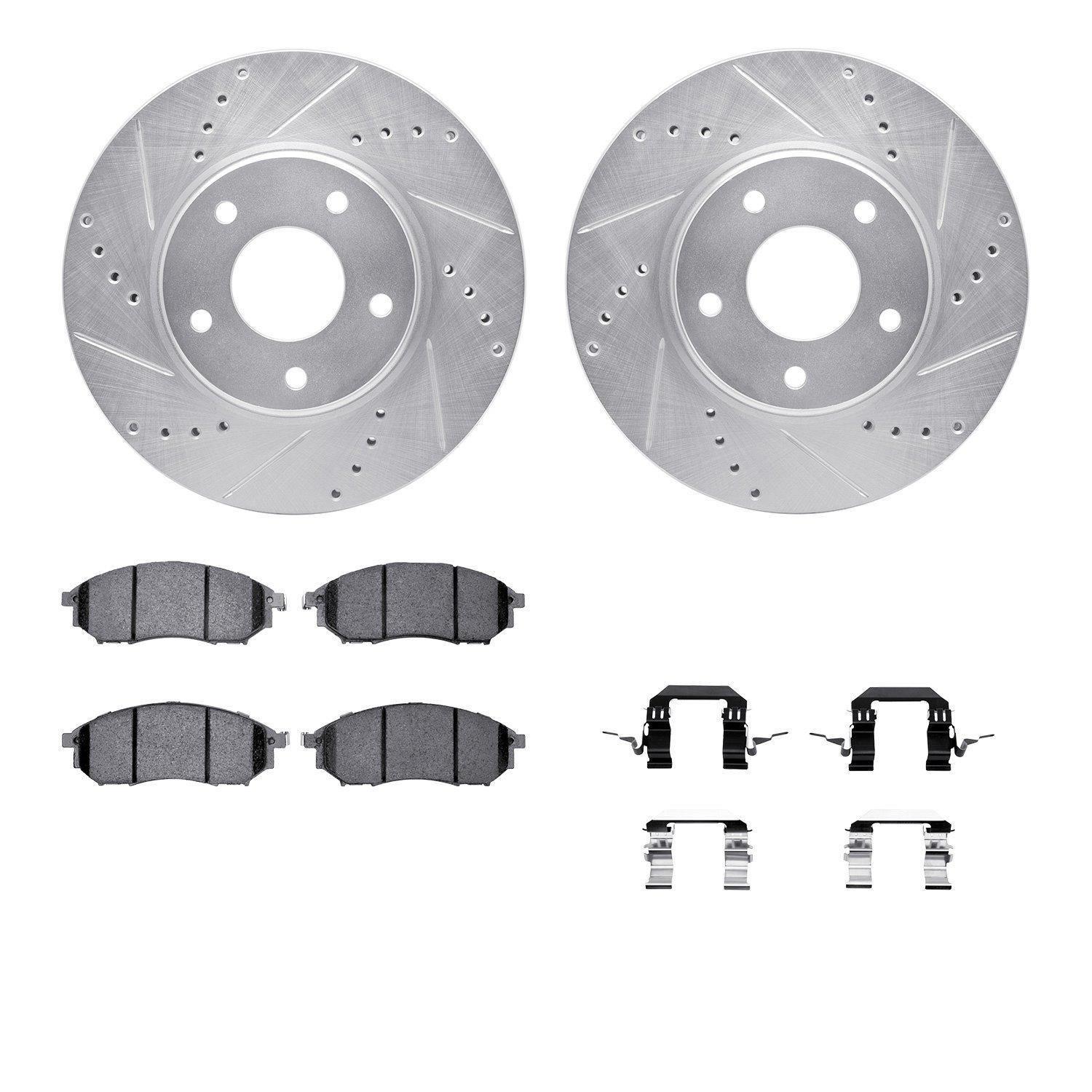 7512-67083 Drilled/Slotted Brake Rotors w/5000 Advanced Brake Pads Kit & Hardware [Silver], 2002-2006 Infiniti/Nissan, Position: