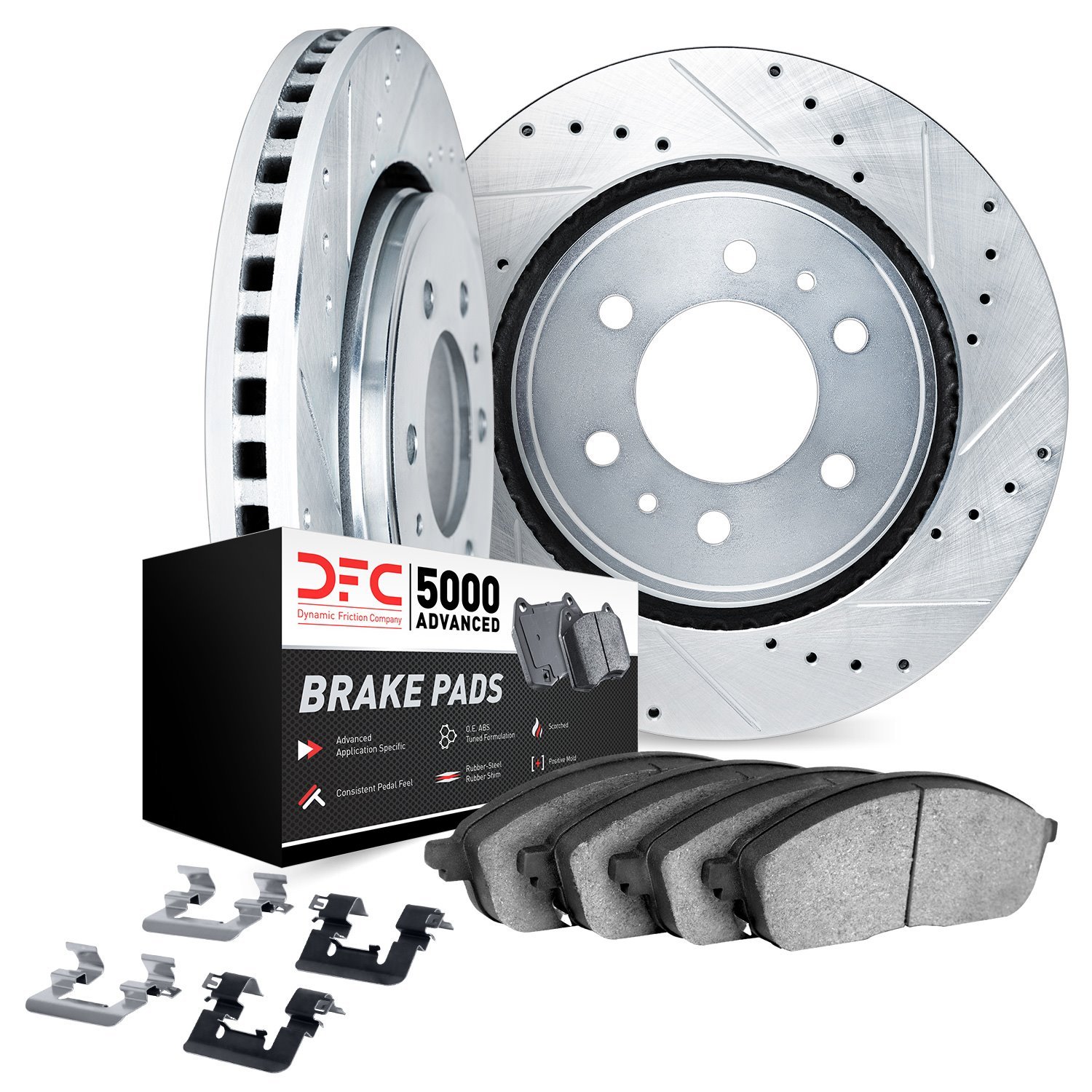 7512-67090 Drilled/Slotted Brake Rotors w/5000 Advanced Brake Pads Kit & Hardware [Silver], 2000-2004 Infiniti/Nissan, Position: