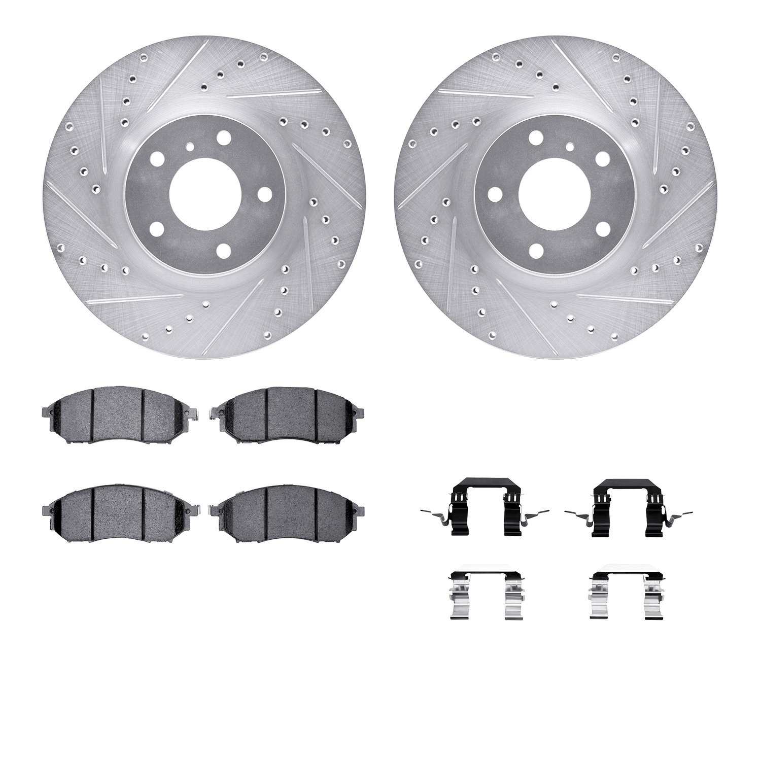 7512-67091 Drilled/Slotted Brake Rotors w/5000 Advanced Brake Pads Kit & Hardware [Silver], 2006-2020 Infiniti/Nissan, Position:
