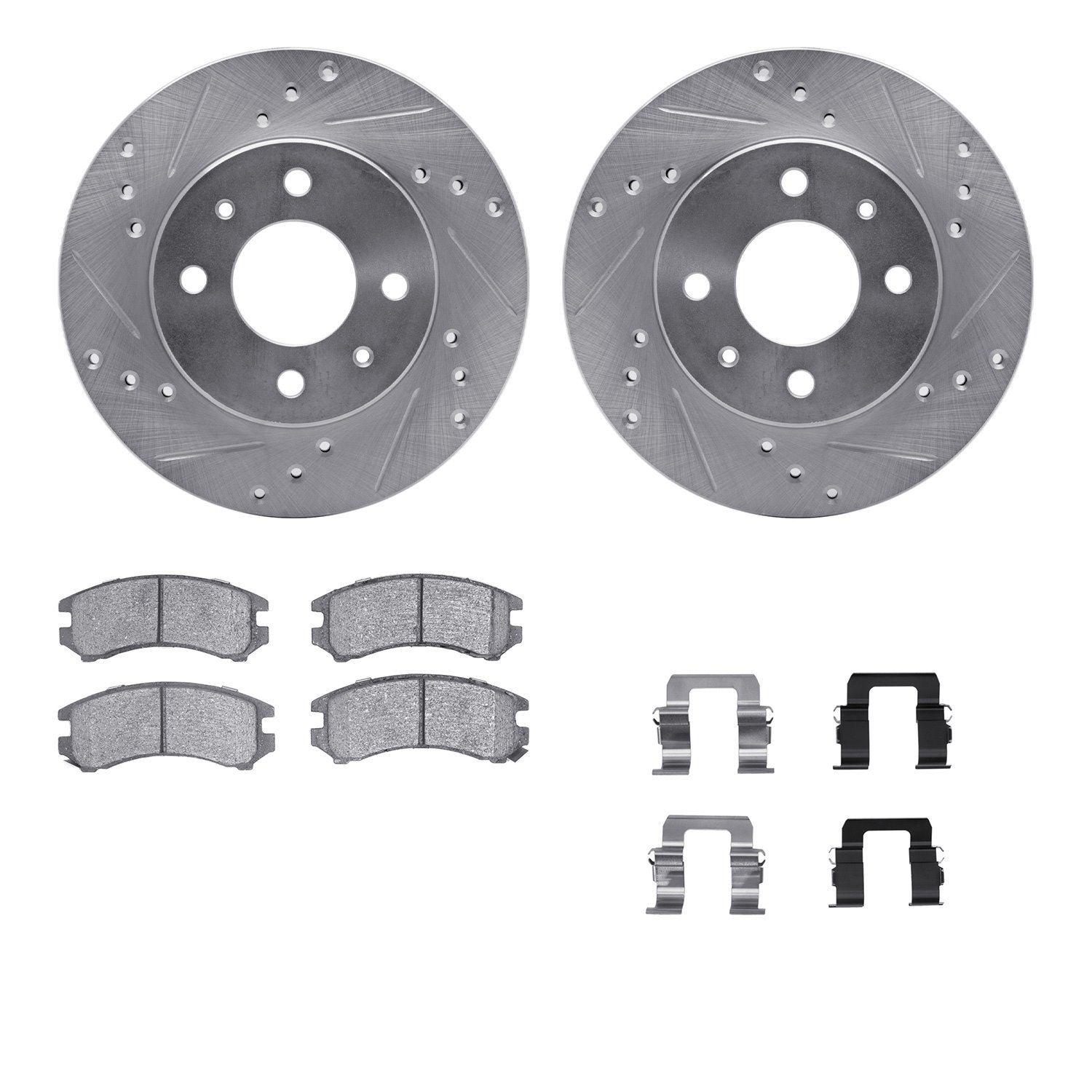 7512-67093 Drilled/Slotted Brake Rotors w/5000 Advanced Brake Pads Kit & Hardware [Silver], 1986-1990 Infiniti/Nissan, Position: