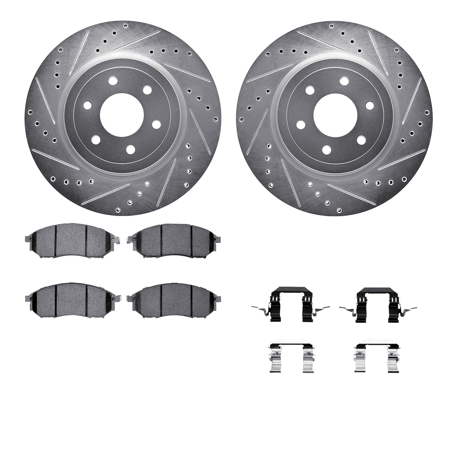7512-67094 Drilled/Slotted Brake Rotors w/5000 Advanced Brake Pads Kit & Hardware [Silver], 2008-2011 Infiniti/Nissan, Position: