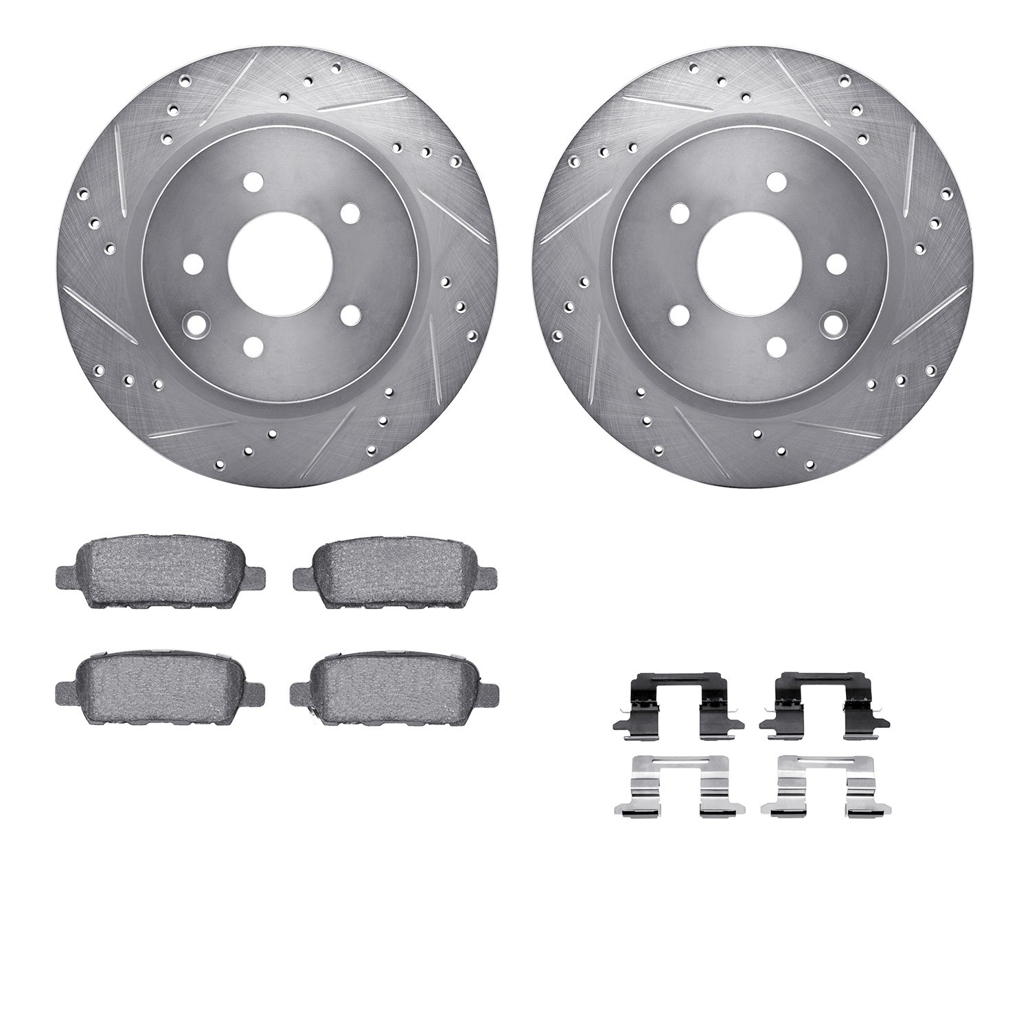 7512-67100 Drilled/Slotted Brake Rotors w/5000 Advanced Brake Pads Kit & Hardware [Silver], 2005-2021 Infiniti/Nissan, Position: