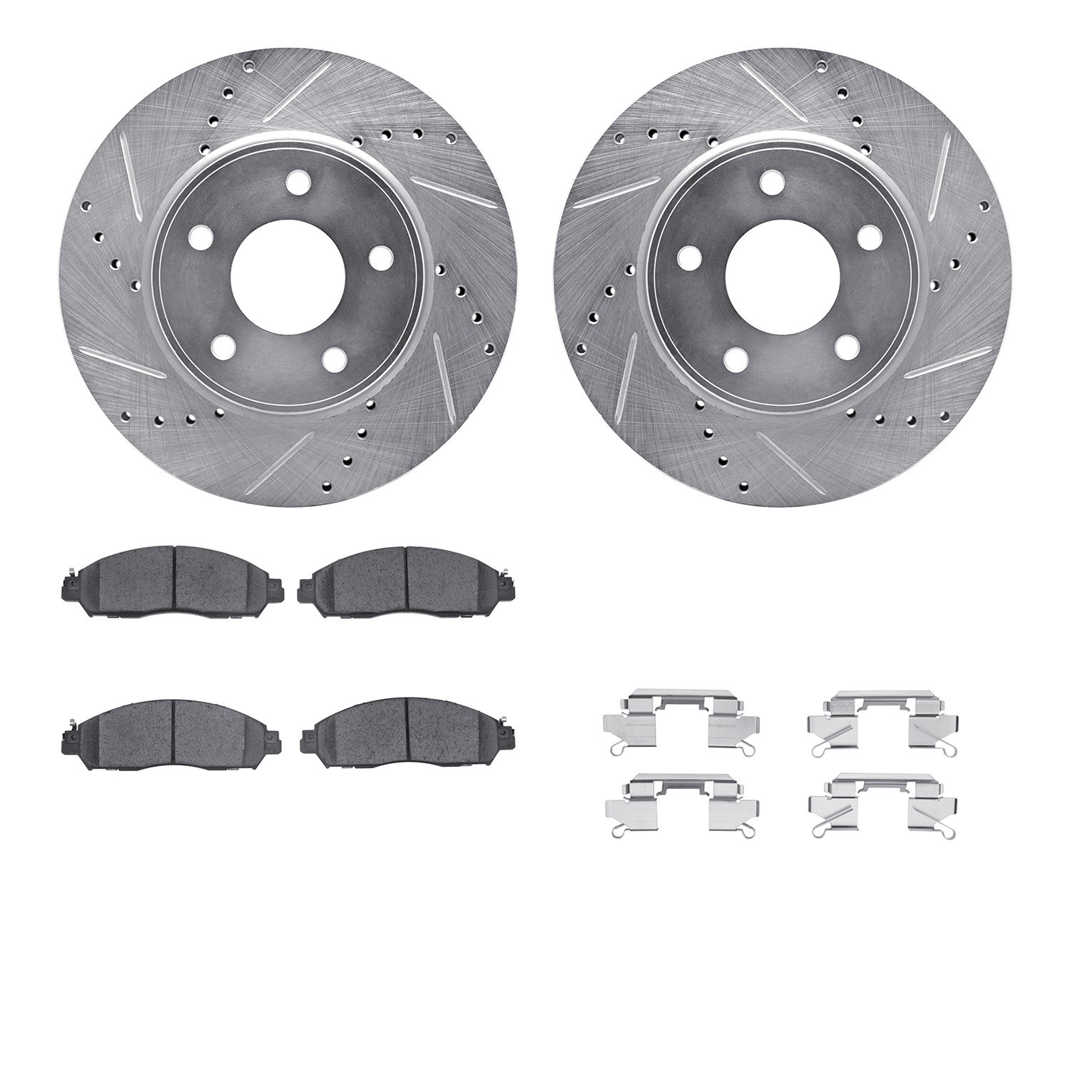 7512-67109 Drilled/Slotted Brake Rotors w/5000 Advanced Brake Pads Kit & Hardware [Silver], Fits Select Infiniti/Nissan, Positio