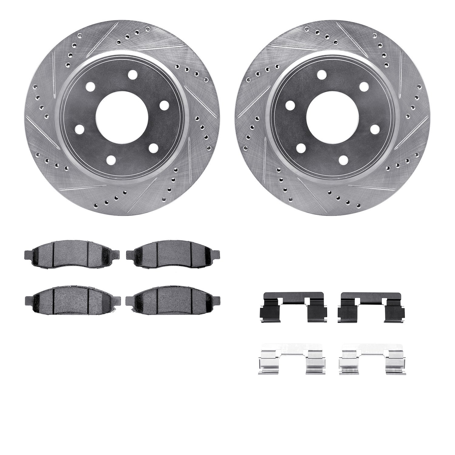 7512-67113 Drilled/Slotted Brake Rotors w/5000 Advanced Brake Pads Kit & Hardware [Silver], 2005-2007 Infiniti/Nissan, Position: