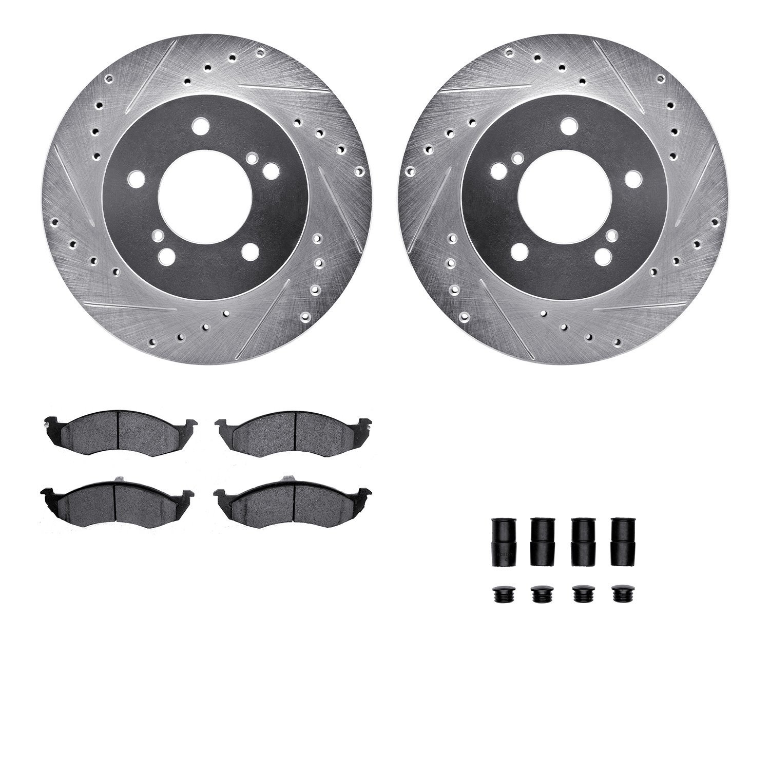 7512-67115 Drilled/Slotted Brake Rotors w/5000 Advanced Brake Pads Kit & Hardware [Silver], 1996-2002 Ford/Lincoln/Mercury/Mazda