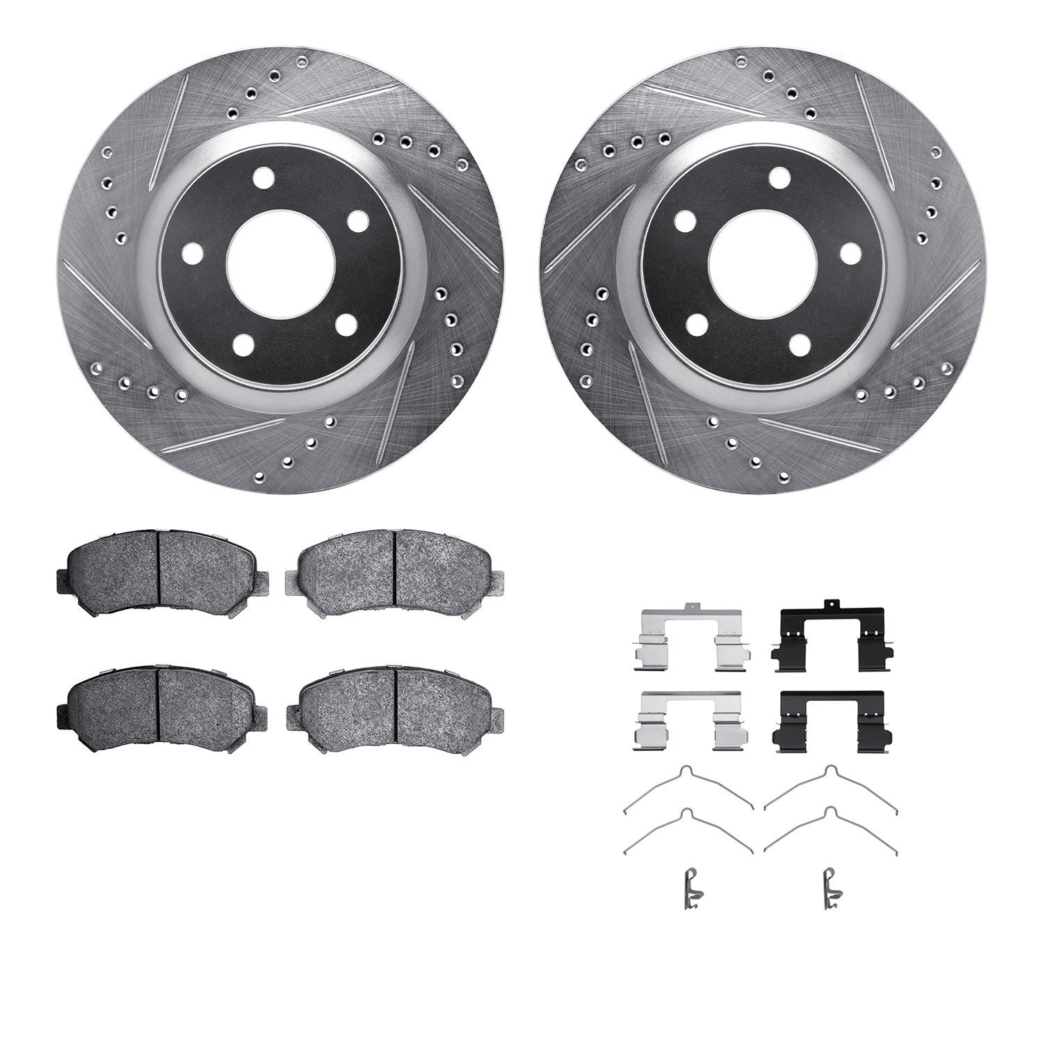 7512-67116 Drilled/Slotted Brake Rotors w/5000 Advanced Brake Pads Kit & Hardware [Silver], 2008-2015 Infiniti/Nissan, Position: