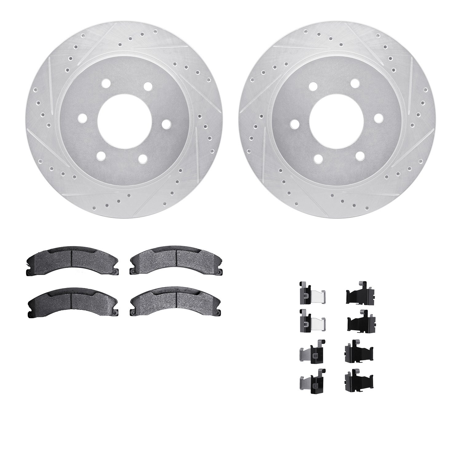 7512-67121 Drilled/Slotted Brake Rotors w/5000 Advanced Brake Pads Kit & Hardware [Silver], Fits Select Infiniti/Nissan, Positio