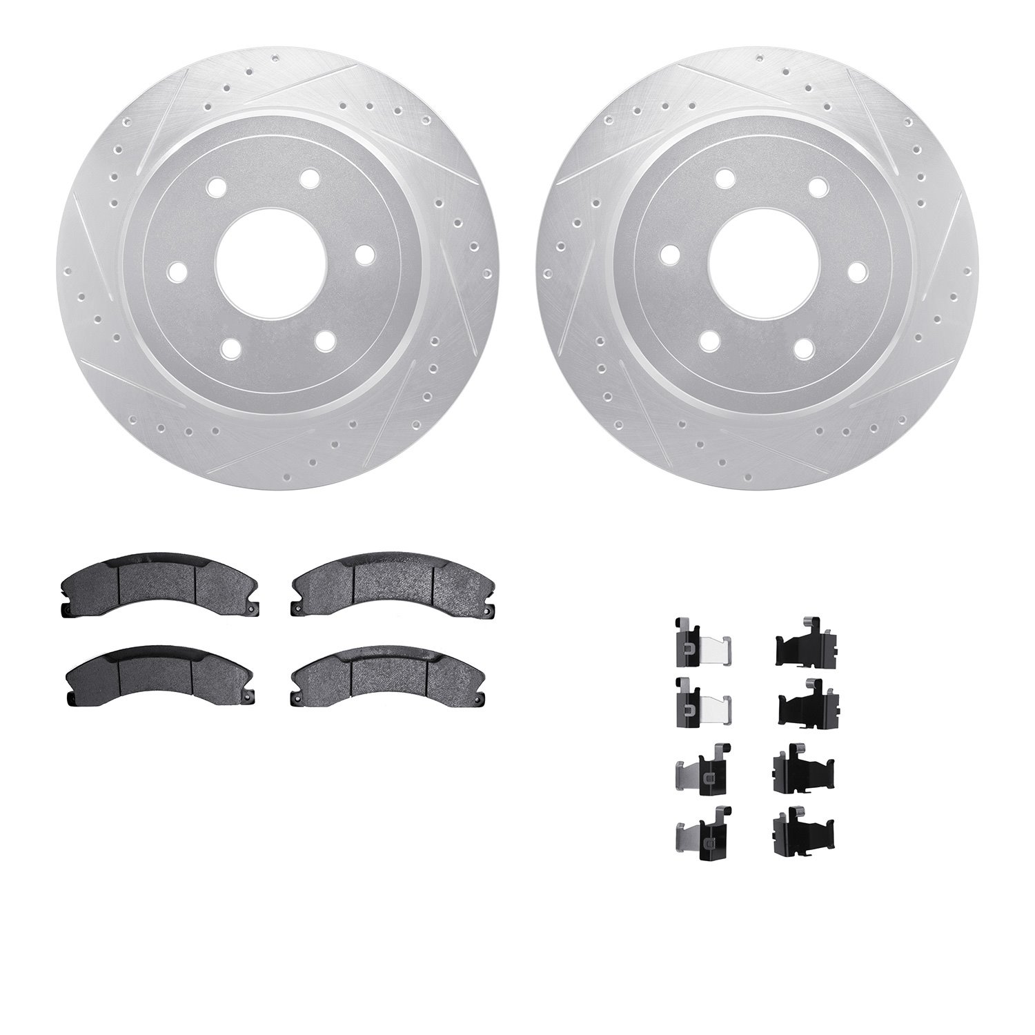 7512-67123 Drilled/Slotted Brake Rotors w/5000 Advanced Brake Pads Kit & Hardware [Silver], Fits Select Infiniti/Nissan, Positio