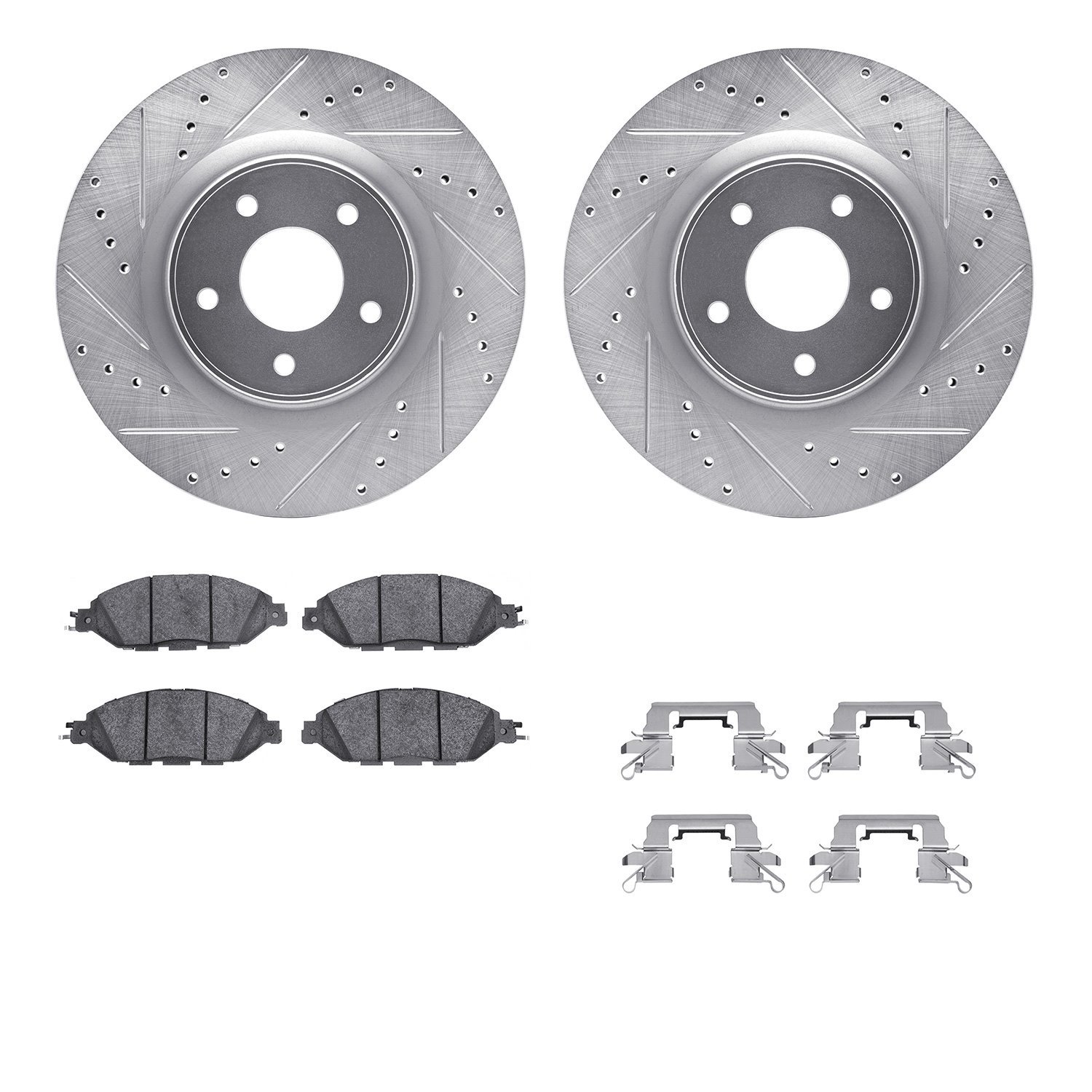 7512-67125 Drilled/Slotted Brake Rotors w/5000 Advanced Brake Pads Kit & Hardware [Silver], Fits Select Infiniti/Nissan, Positio