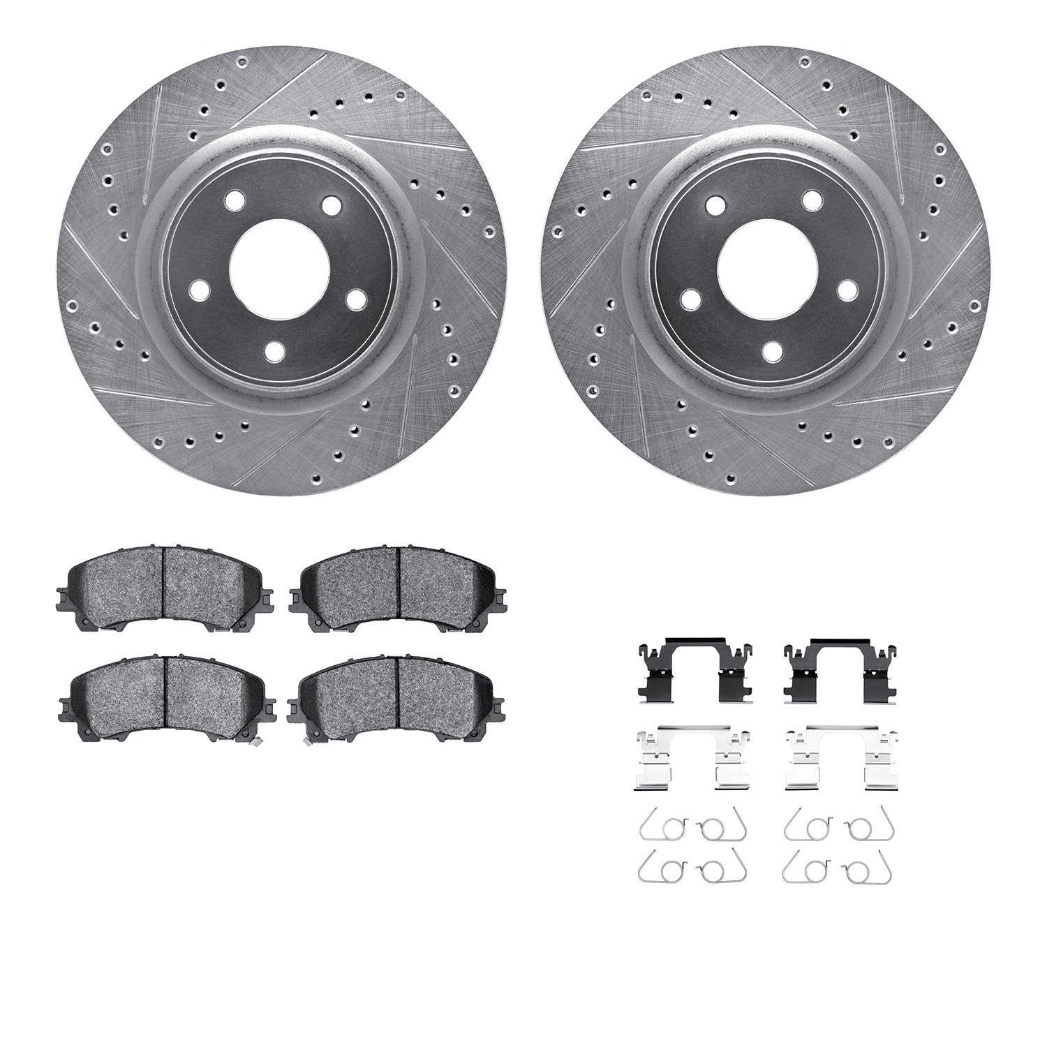 7512-67128 Drilled/Slotted Brake Rotors w/5000 Advanced Brake Pads Kit & Hardware [Silver], 2014-2019 Infiniti/Nissan, Position: