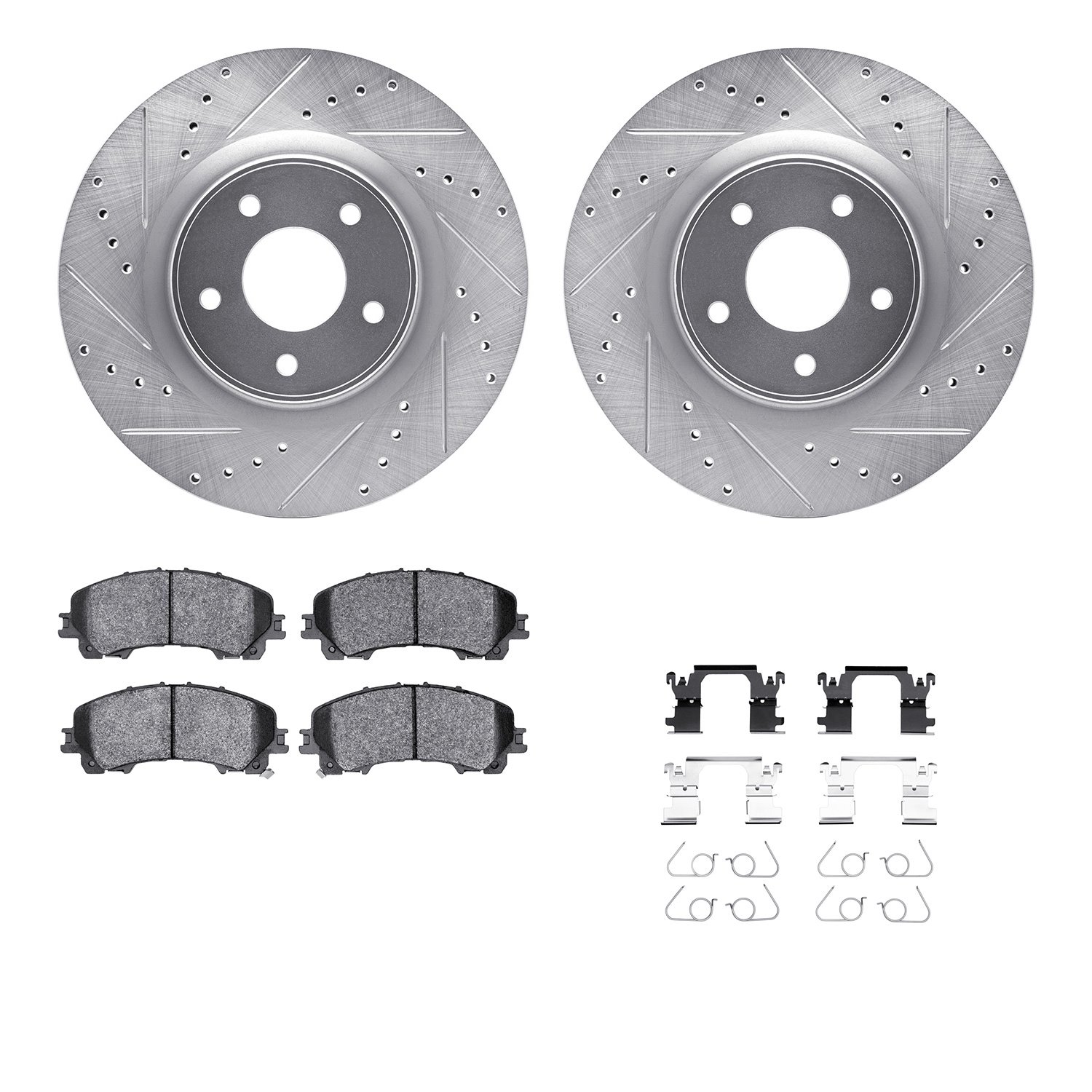 7512-67129 Drilled/Slotted Brake Rotors w/5000 Advanced Brake Pads Kit & Hardware [Silver], Fits Select Infiniti/Nissan, Positio