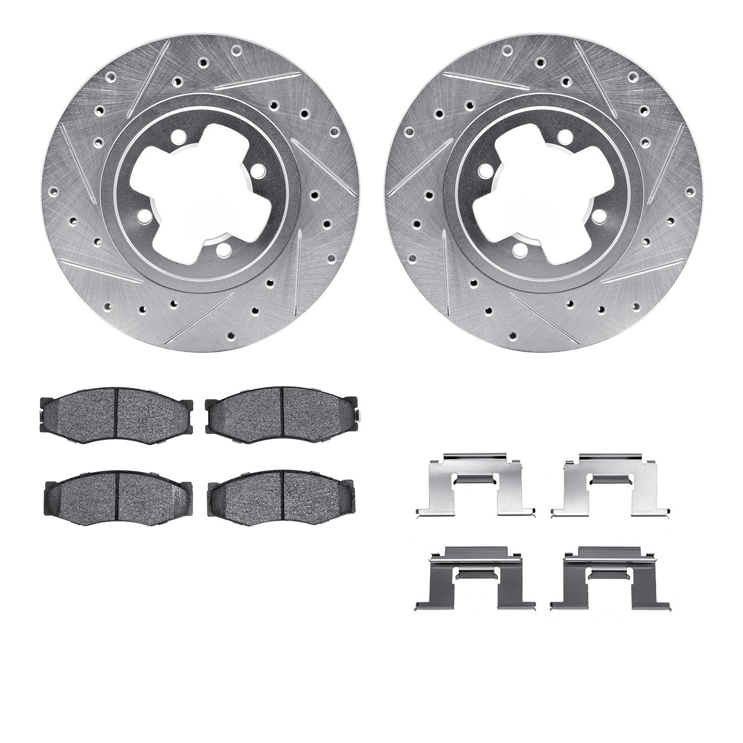 7512-67138 Drilled/Slotted Brake Rotors w/5000 Advanced Brake Pads Kit & Hardware [Silver], 1984-1984 Infiniti/Nissan, Position: