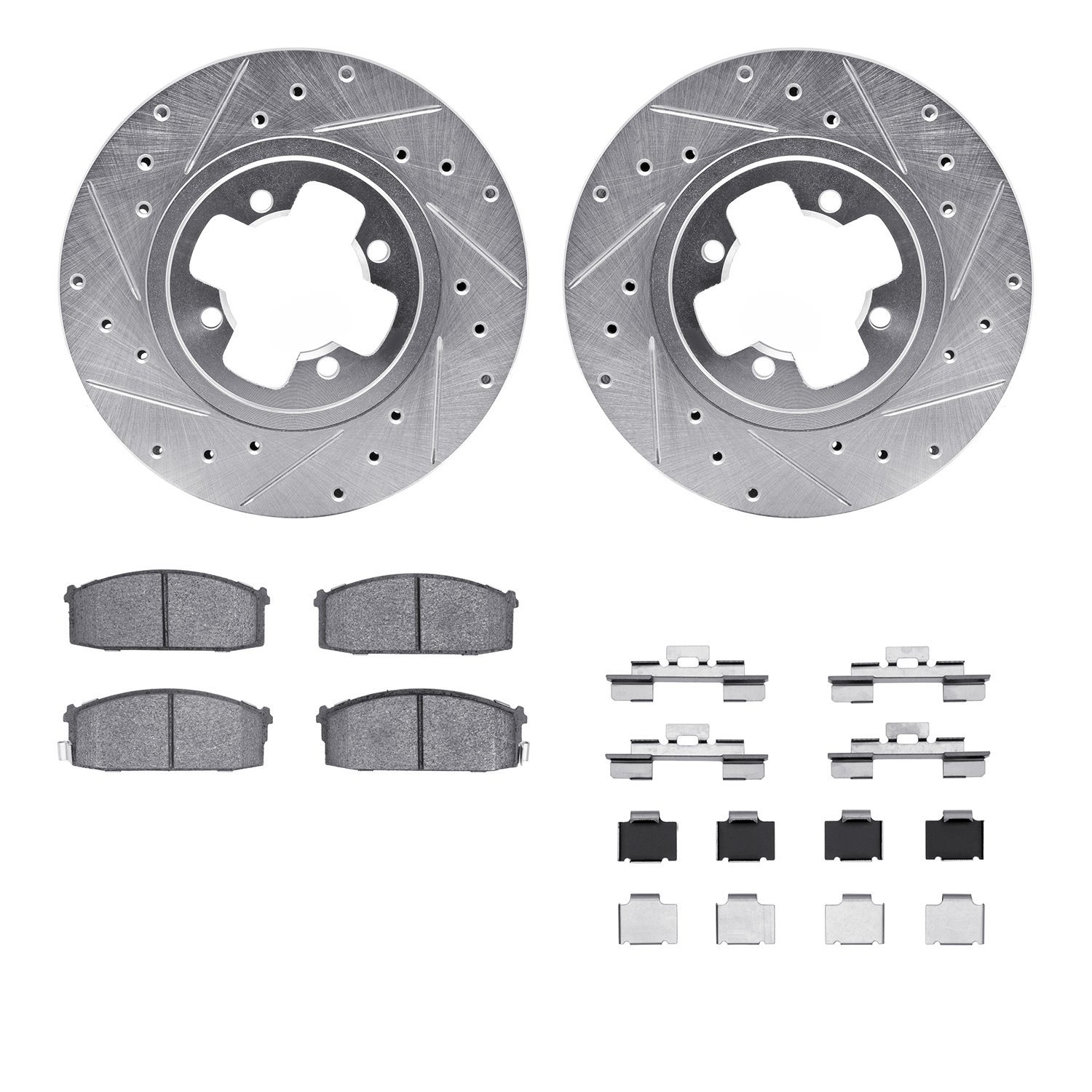 7512-67139 Drilled/Slotted Brake Rotors w/5000 Advanced Brake Pads Kit & Hardware [Silver], 1987-1988 Infiniti/Nissan, Position: