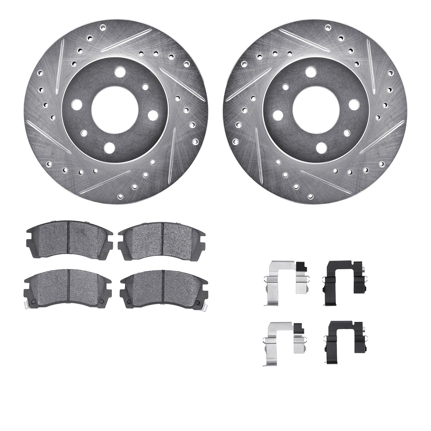 7512-67152 Drilled/Slotted Brake Rotors w/5000 Advanced Brake Pads Kit & Hardware [Silver], 1991-2006 Infiniti/Nissan, Position: