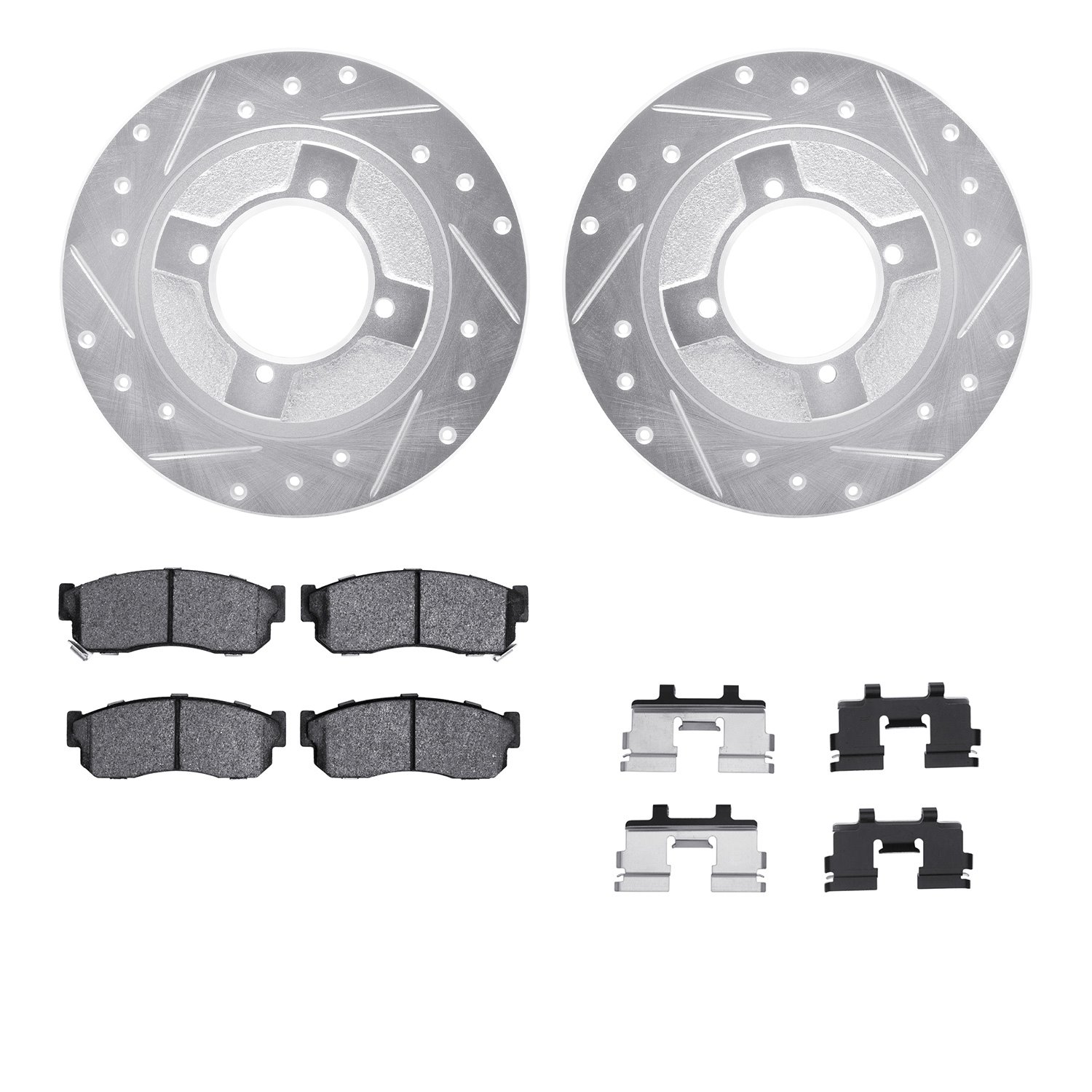 7512-67169 Drilled/Slotted Brake Rotors w/5000 Advanced Brake Pads Kit & Hardware [Silver], 1982-1986 Infiniti/Nissan, Position: