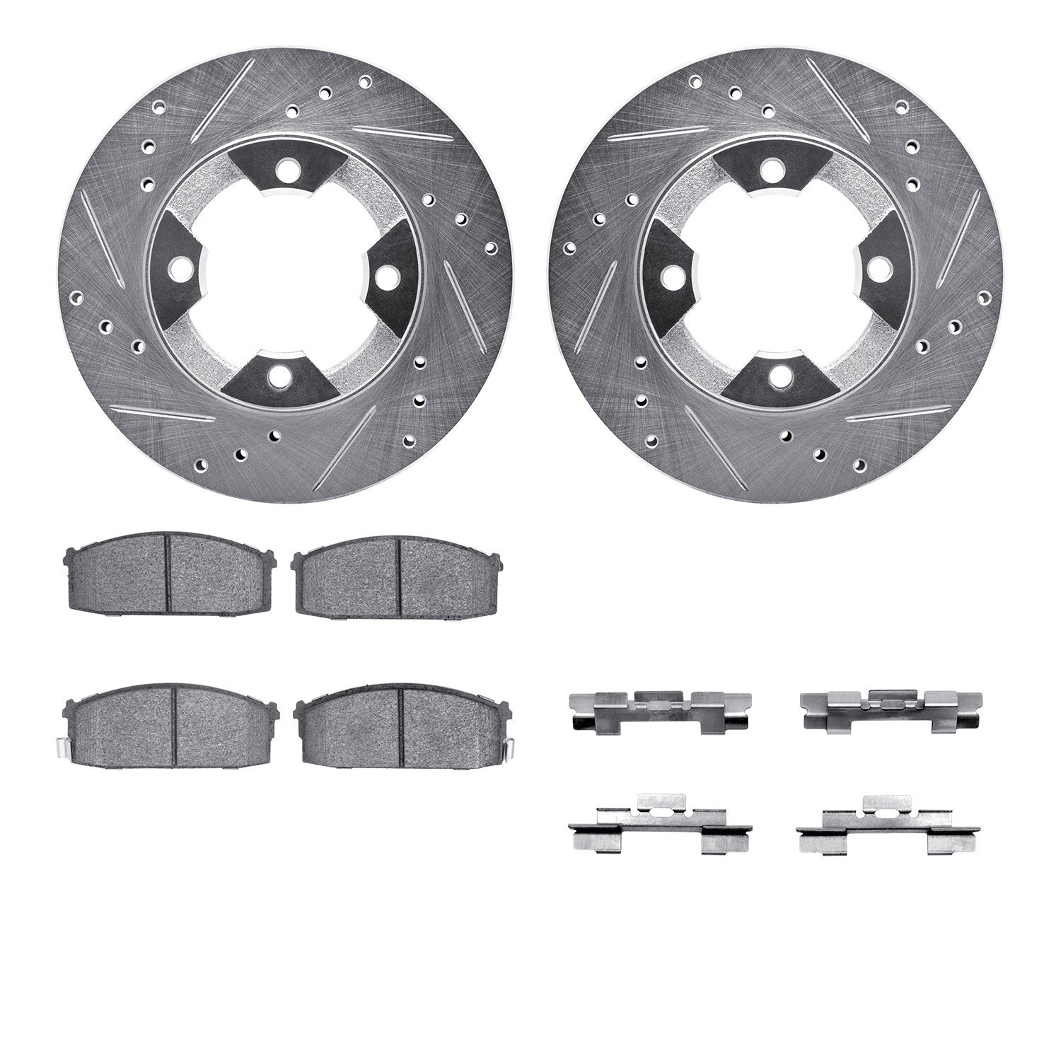 7512-67178 Drilled/Slotted Brake Rotors w/5000 Advanced Brake Pads Kit & Hardware [Silver], 1982-1985 Infiniti/Nissan, Position: