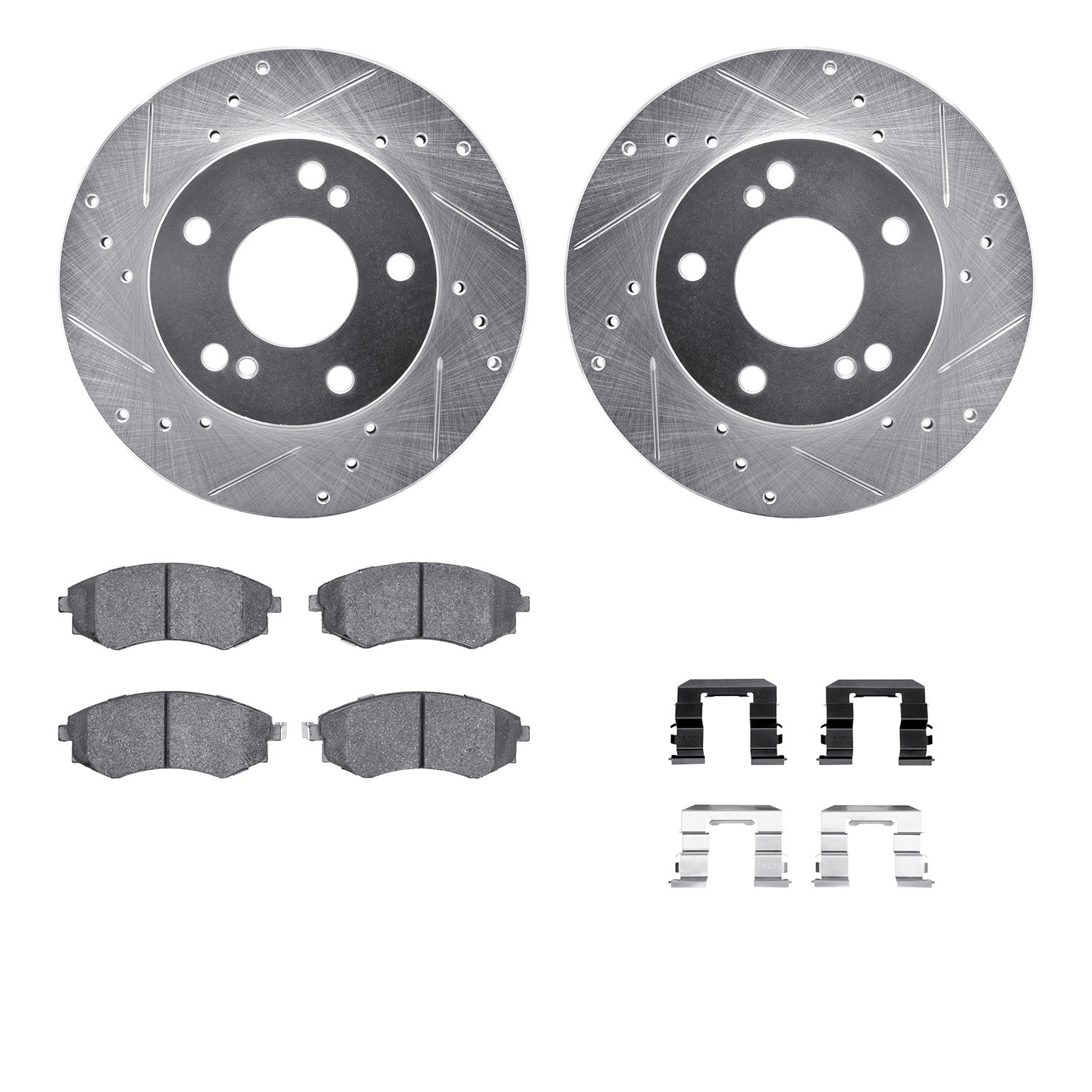 7512-67317 Drilled/Slotted Brake Rotors w/5000 Advanced Brake Pads Kit & Hardware [Silver], 1996-1996 Infiniti/Nissan, Position: