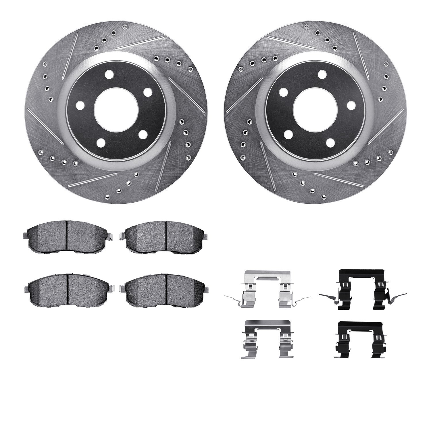7512-67388 Drilled/Slotted Brake Rotors w/5000 Advanced Brake Pads Kit & Hardware [Silver], 2007-2012 Infiniti/Nissan, Position: