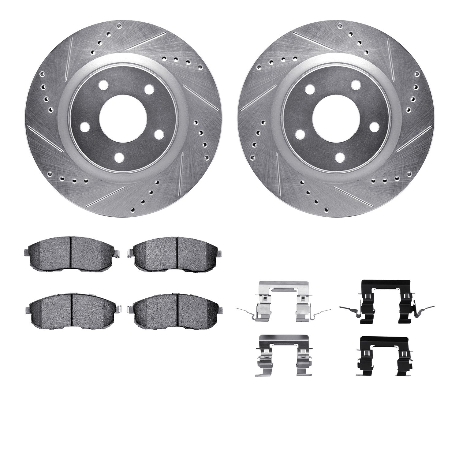 7512-67500 Drilled/Slotted Brake Rotors w/5000 Advanced Brake Pads Kit & Hardware [Silver], 2011-2019 Infiniti/Nissan, Position: