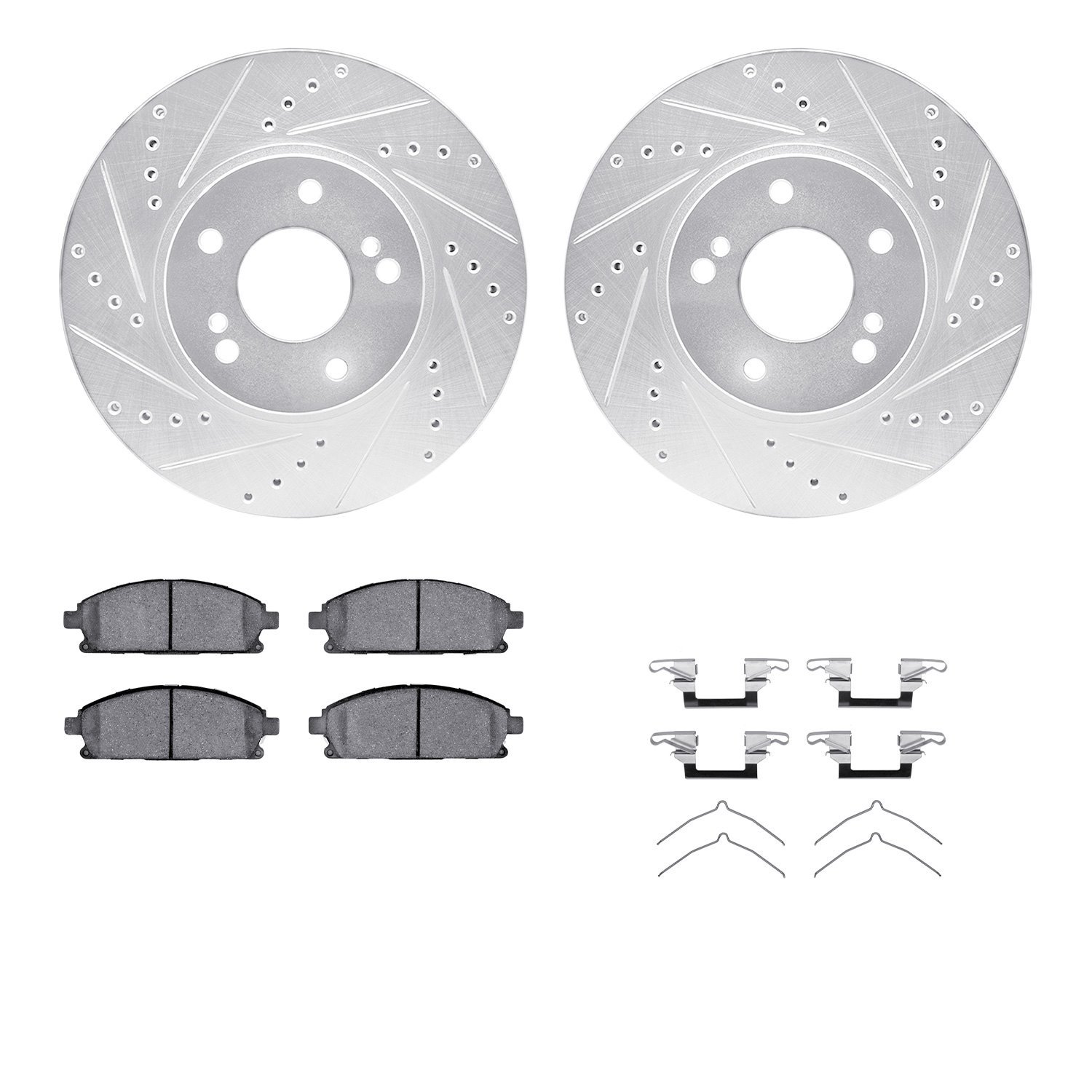 7512-68004 Drilled/Slotted Brake Rotors w/5000 Advanced Brake Pads Kit & Hardware [Silver], 1997-2001 Infiniti/Nissan, Position: