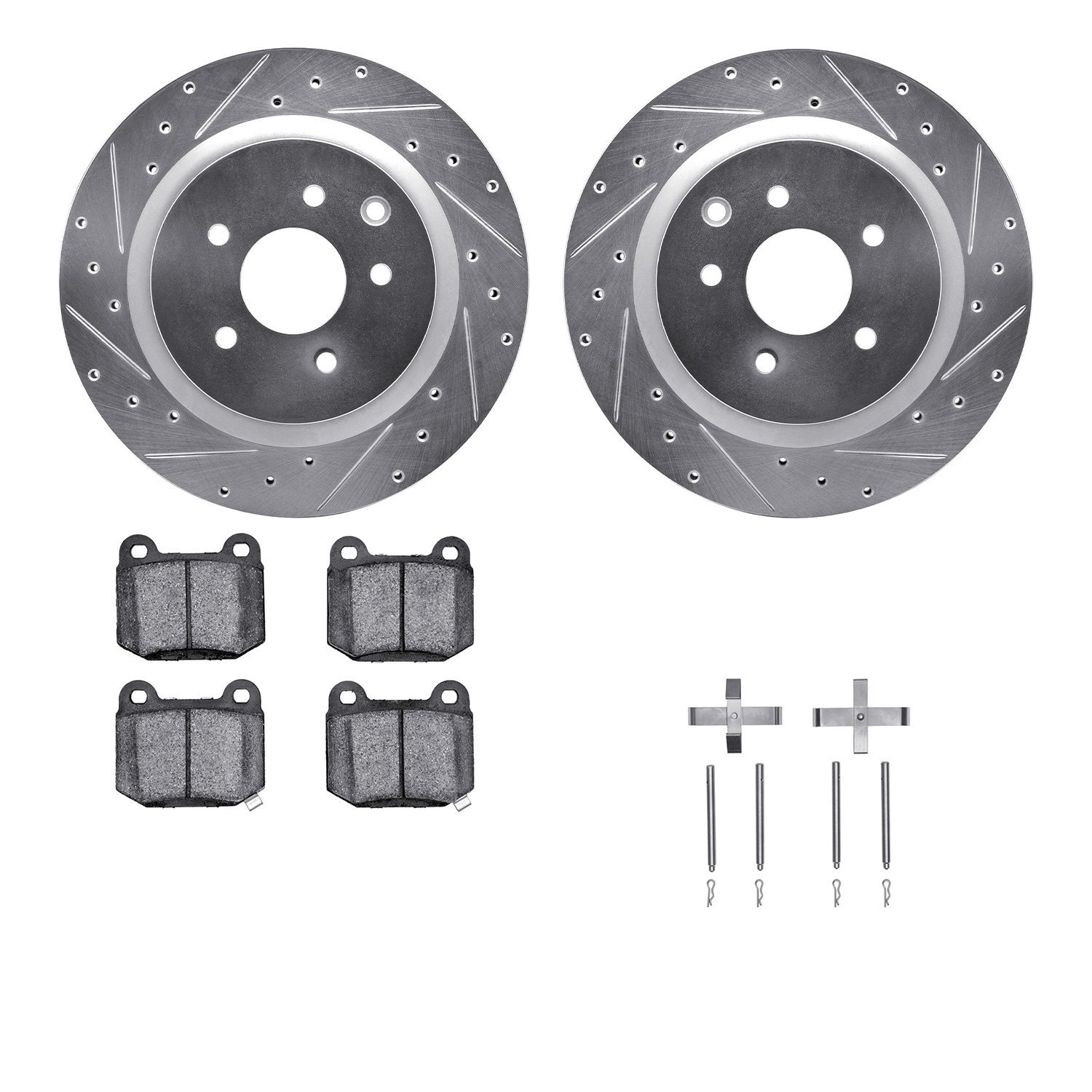 7512-68009 Drilled/Slotted Brake Rotors w/5000 Advanced Brake Pads Kit & Hardware [Silver], 2003-2008 Infiniti/Nissan, Position: