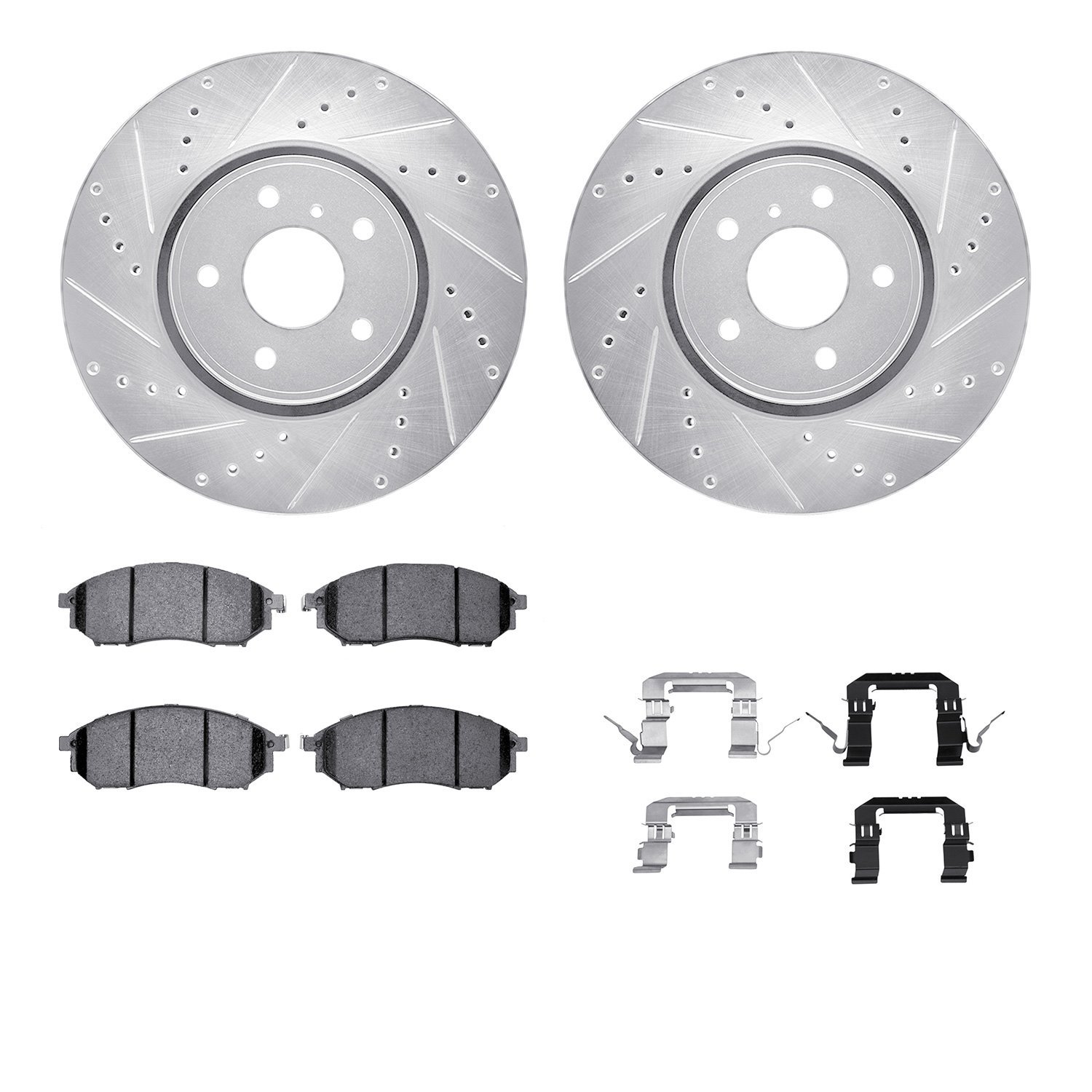 7512-68010 Drilled/Slotted Brake Rotors w/5000 Advanced Brake Pads Kit & Hardware [Silver], 2014-2014 Infiniti/Nissan, Position: