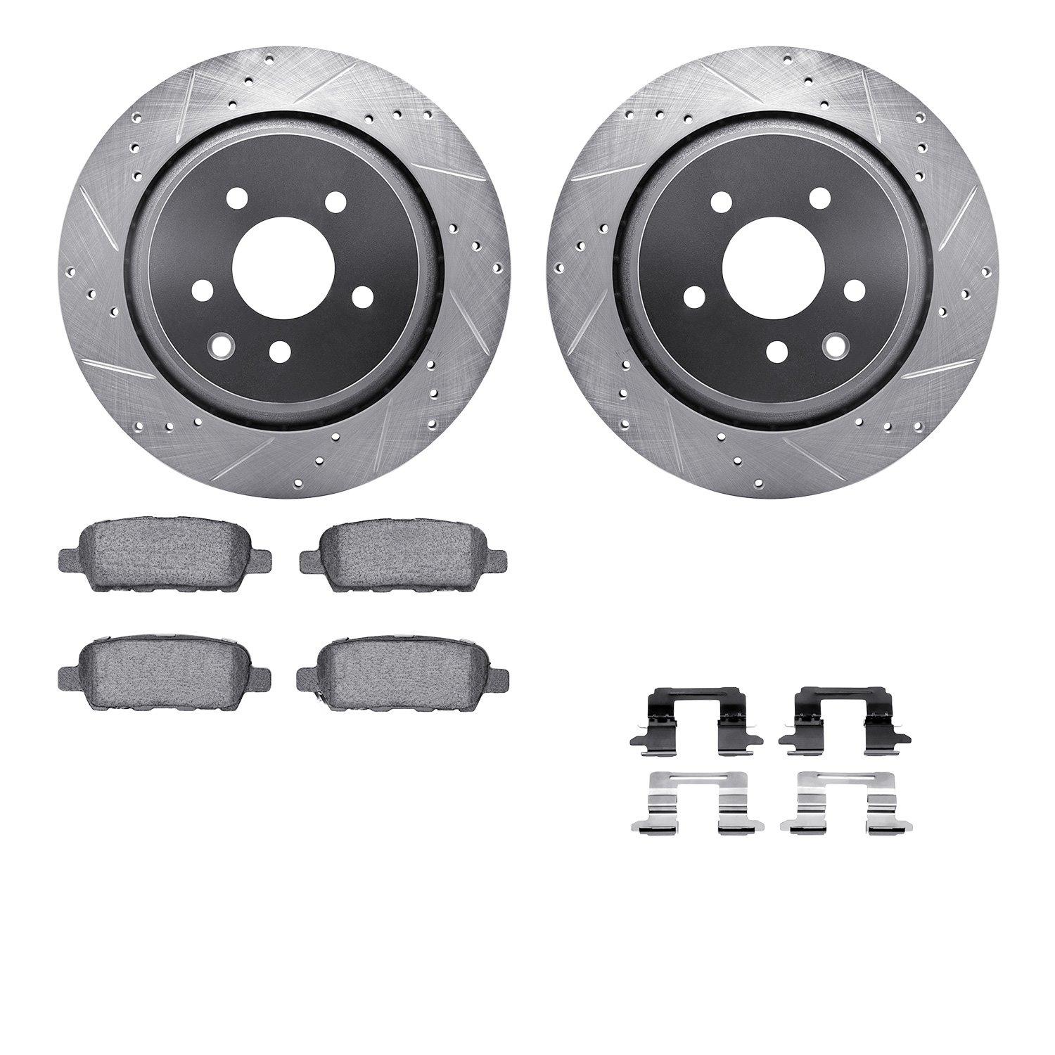 7512-68011 Drilled/Slotted Brake Rotors w/5000 Advanced Brake Pads Kit & Hardware [Silver], 2007-2015 Infiniti/Nissan, Position: