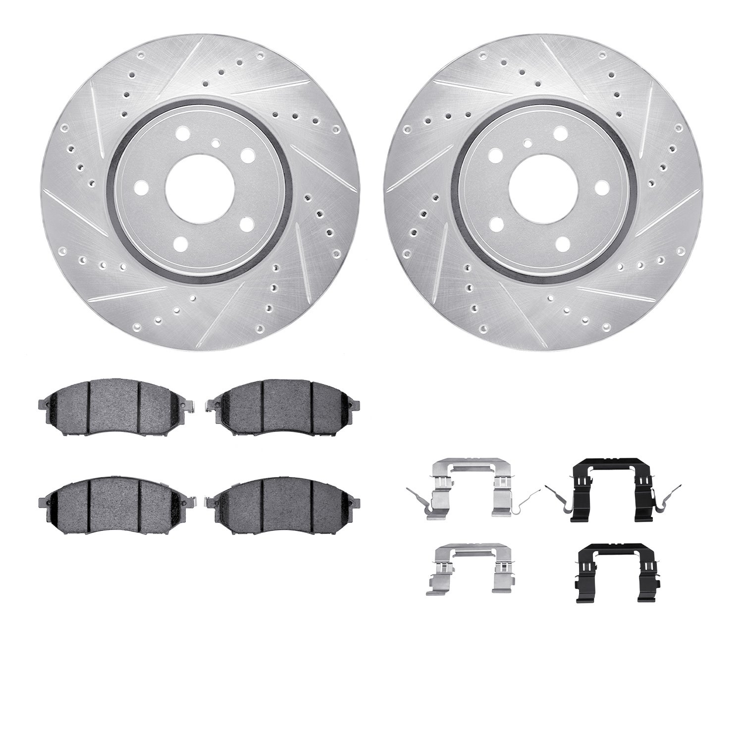 7512-68013 Drilled/Slotted Brake Rotors w/5000 Advanced Brake Pads Kit & Hardware [Silver], 2005-2013 Infiniti/Nissan, Position: