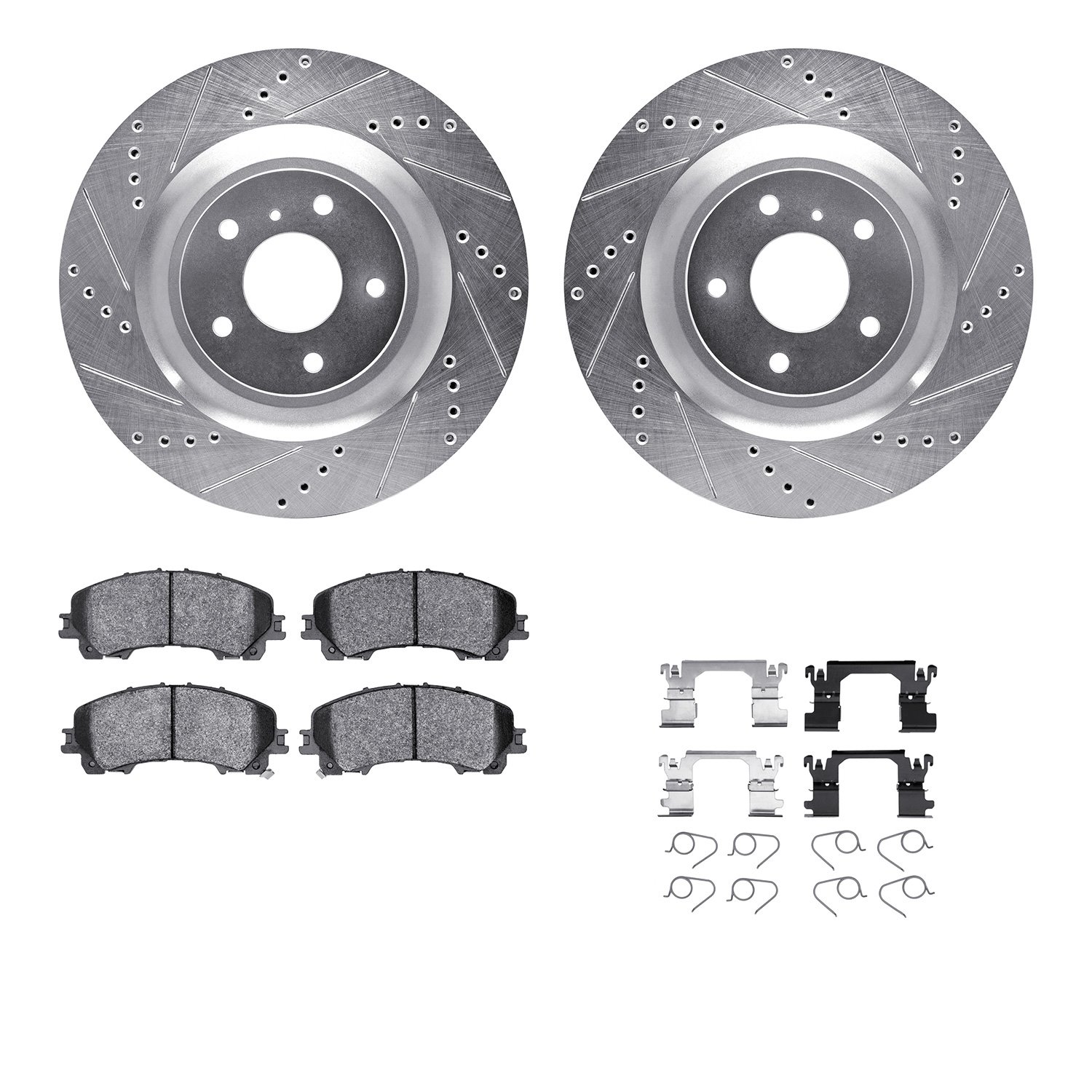 7512-68014 Drilled/Slotted Brake Rotors w/5000 Advanced Brake Pads Kit & Hardware [Silver], Fits Select Infiniti/Nissan, Positio