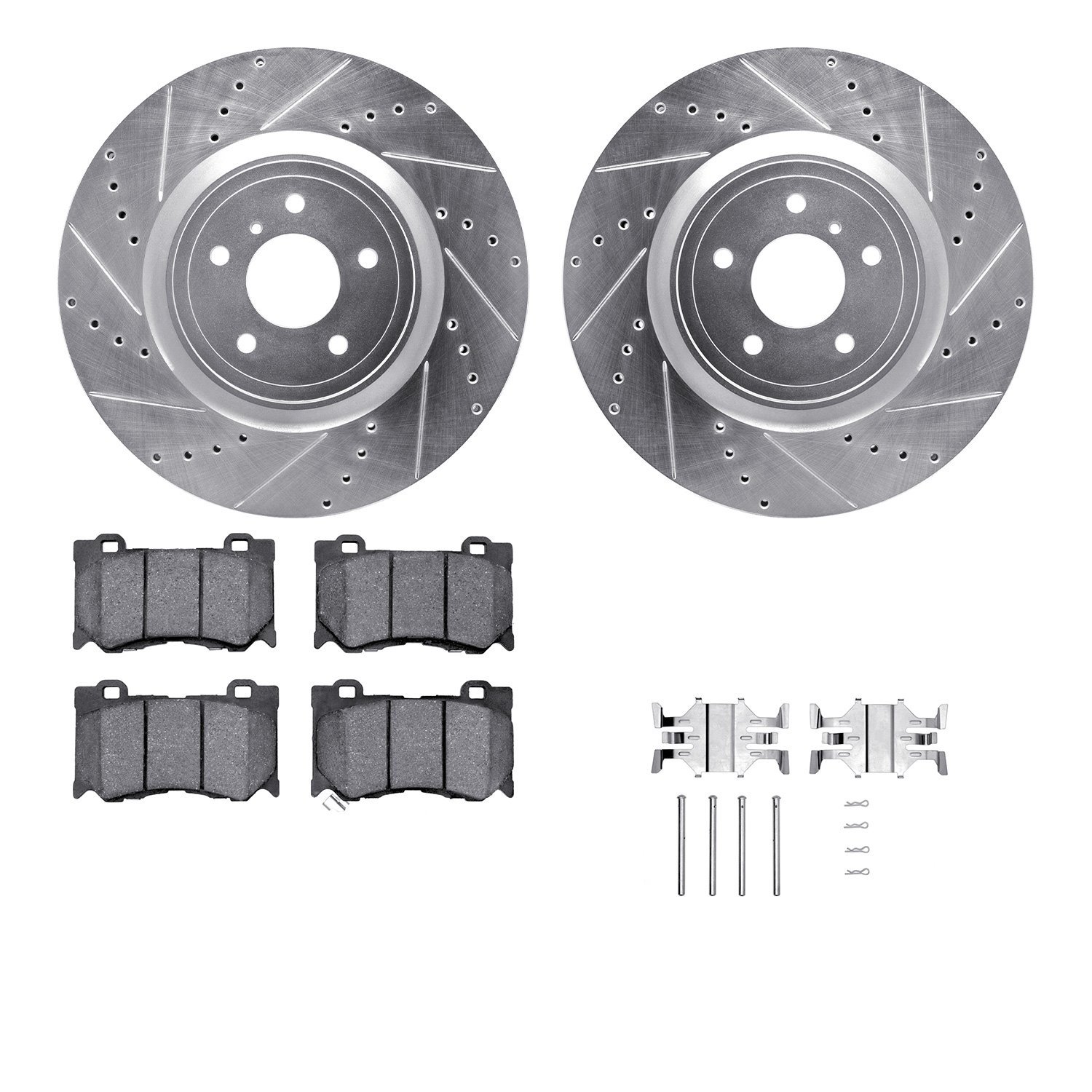 7512-68015 Drilled/Slotted Brake Rotors w/5000 Advanced Brake Pads Kit & Hardware [Silver], Fits Select Infiniti/Nissan, Positio