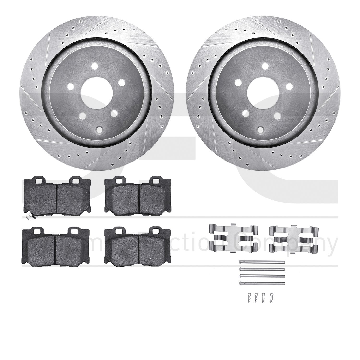 7512-68017 Drilled/Slotted Brake Rotors w/5000 Advanced Brake Pads Kit & Hardware [Silver], Fits Select Infiniti/Nissan, Positio