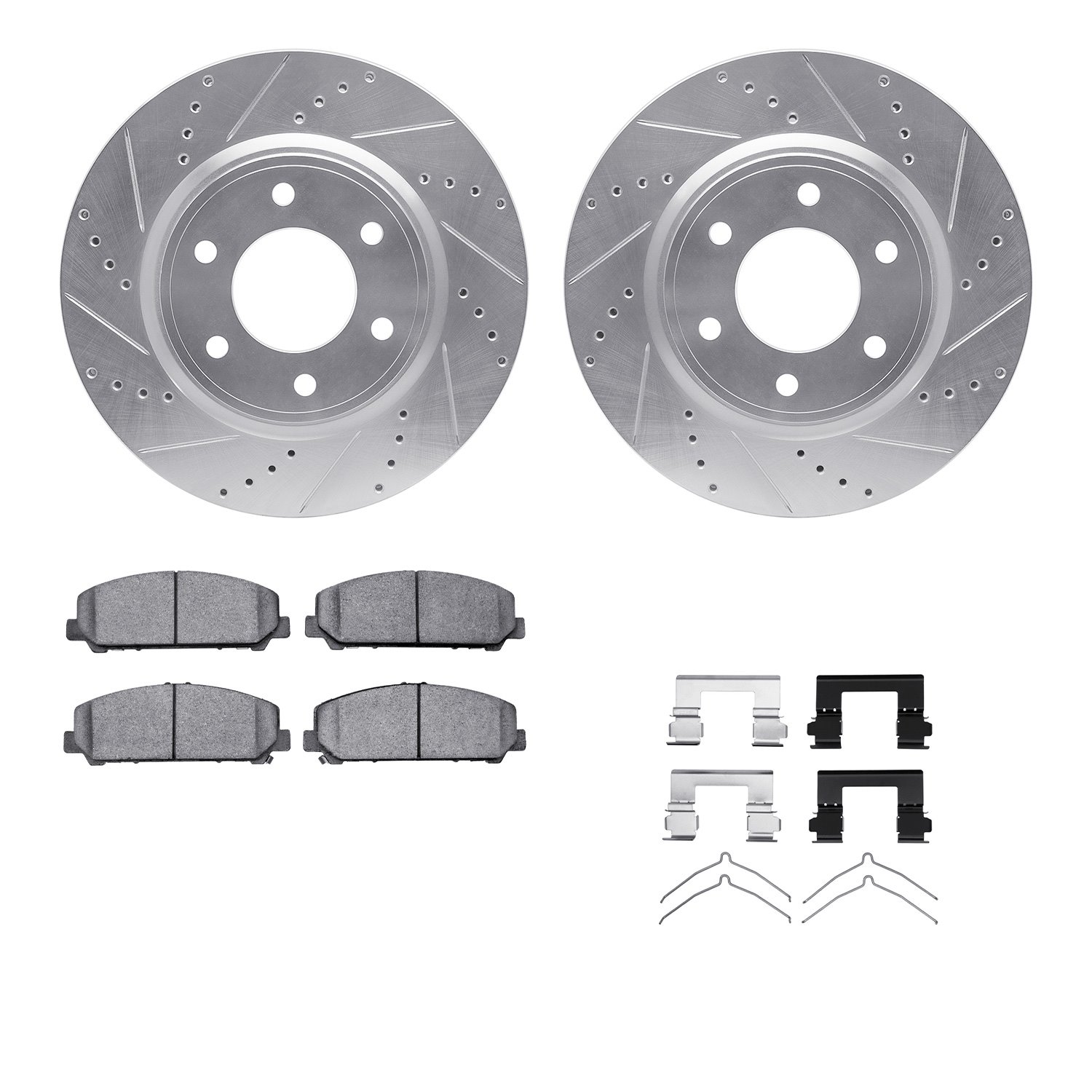 7512-68018 Drilled/Slotted Brake Rotors w/5000 Advanced Brake Pads Kit & Hardware [Silver], Fits Select Infiniti/Nissan, Positio