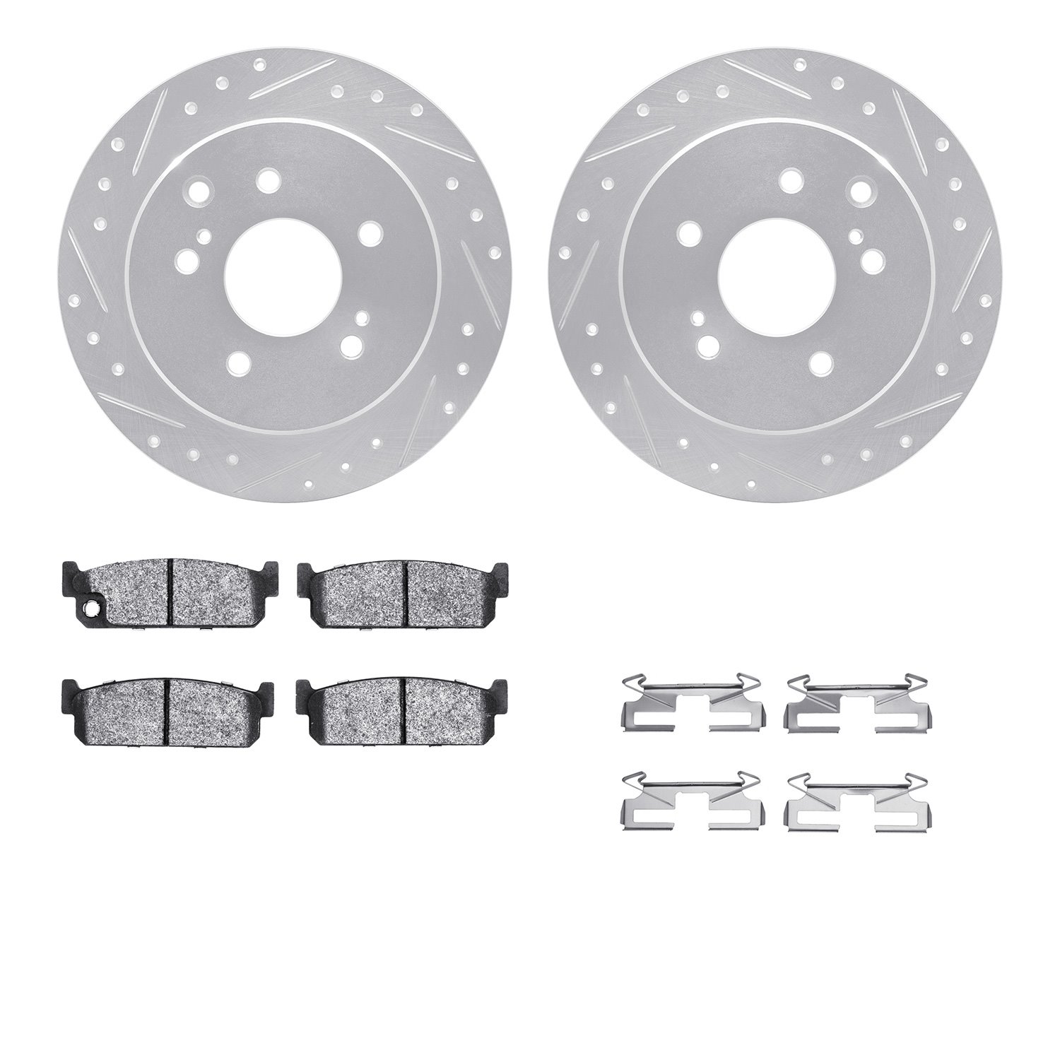 7512-68026 Drilled/Slotted Brake Rotors w/5000 Advanced Brake Pads Kit & Hardware [Silver], 1990-1993 Infiniti/Nissan, Position: