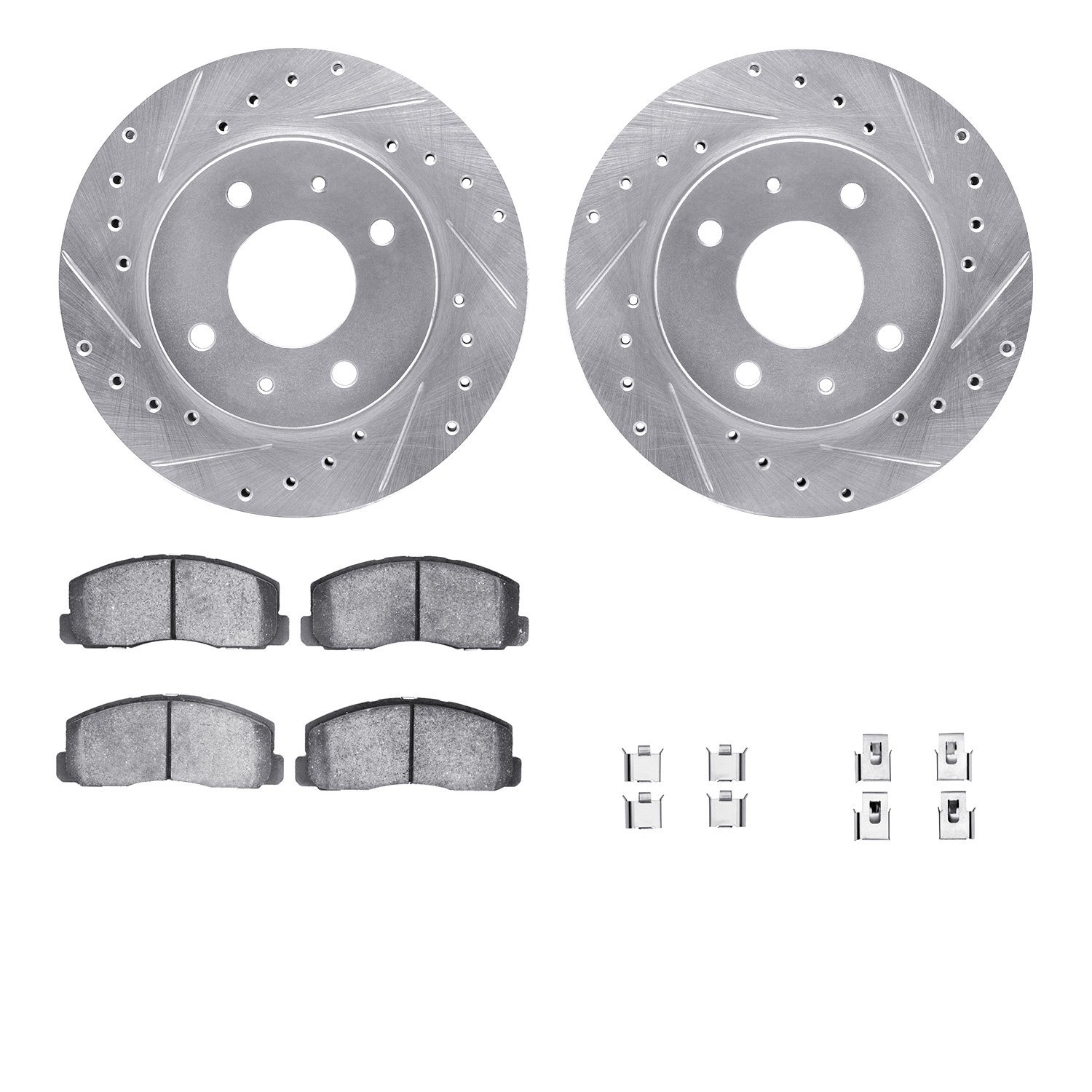 7512-72010 Drilled/Slotted Brake Rotors w/5000 Advanced Brake Pads Kit & Hardware [Silver], 1985-1991 Multiple Makes/Models, Pos