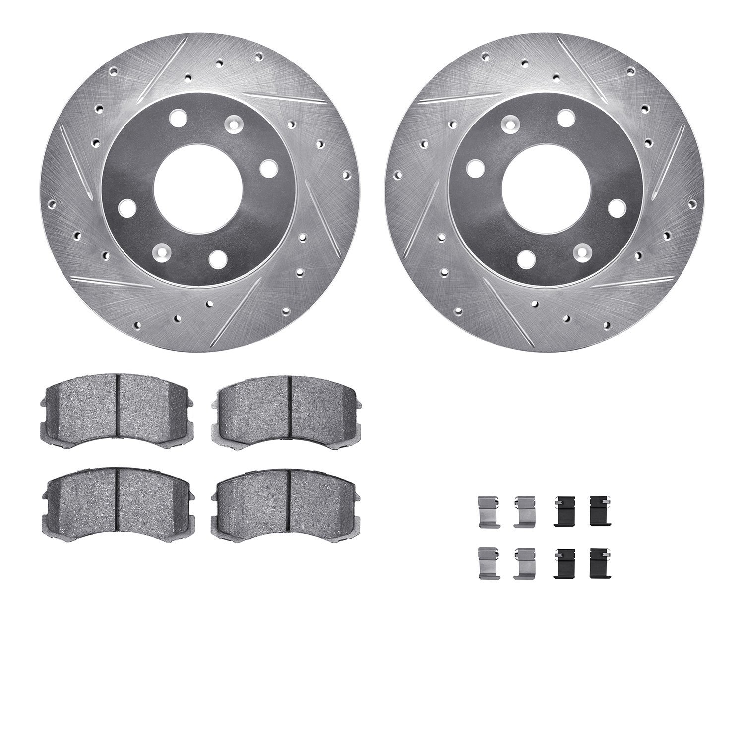 7512-72038 Drilled/Slotted Brake Rotors w/5000 Advanced Brake Pads Kit & Hardware [Silver], 2002-2007 Mitsubishi, Position: Fron