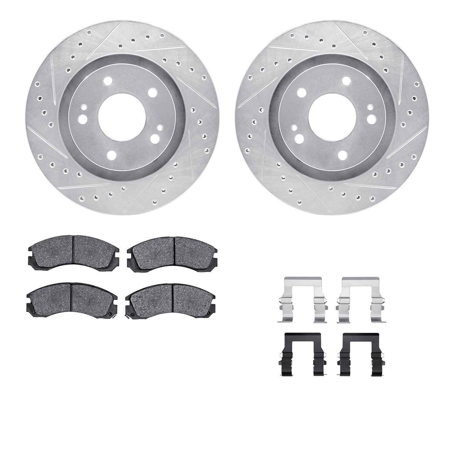 7512-72045 Drilled/Slotted Brake Rotors w/5000 Advanced Brake Pads Kit & Hardware [Silver], Fits Select Mitsubishi, Position: Fr