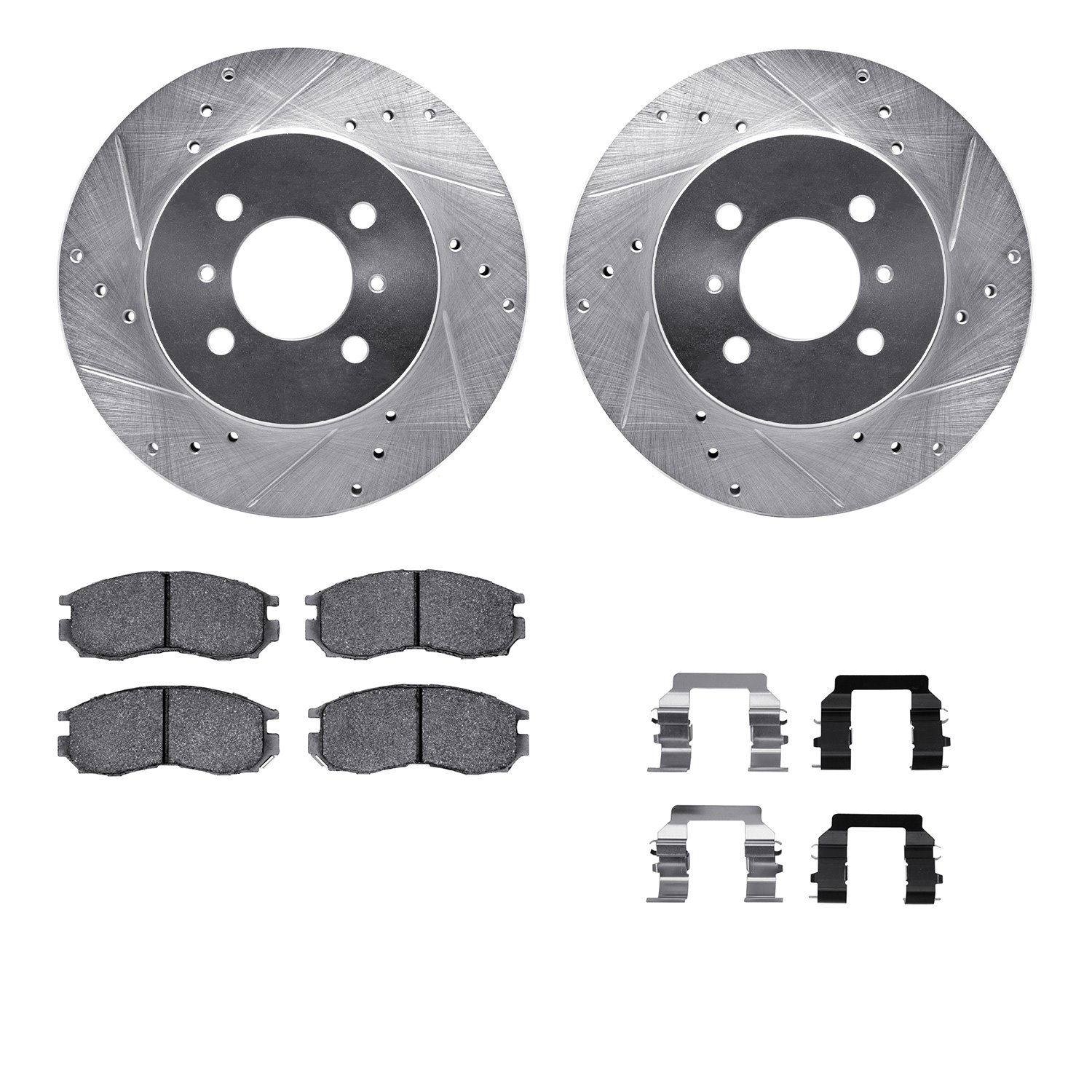 7512-72054 Drilled/Slotted Brake Rotors w/5000 Advanced Brake Pads Kit & Hardware [Silver], 1998-2002 Mitsubishi, Position: Fron