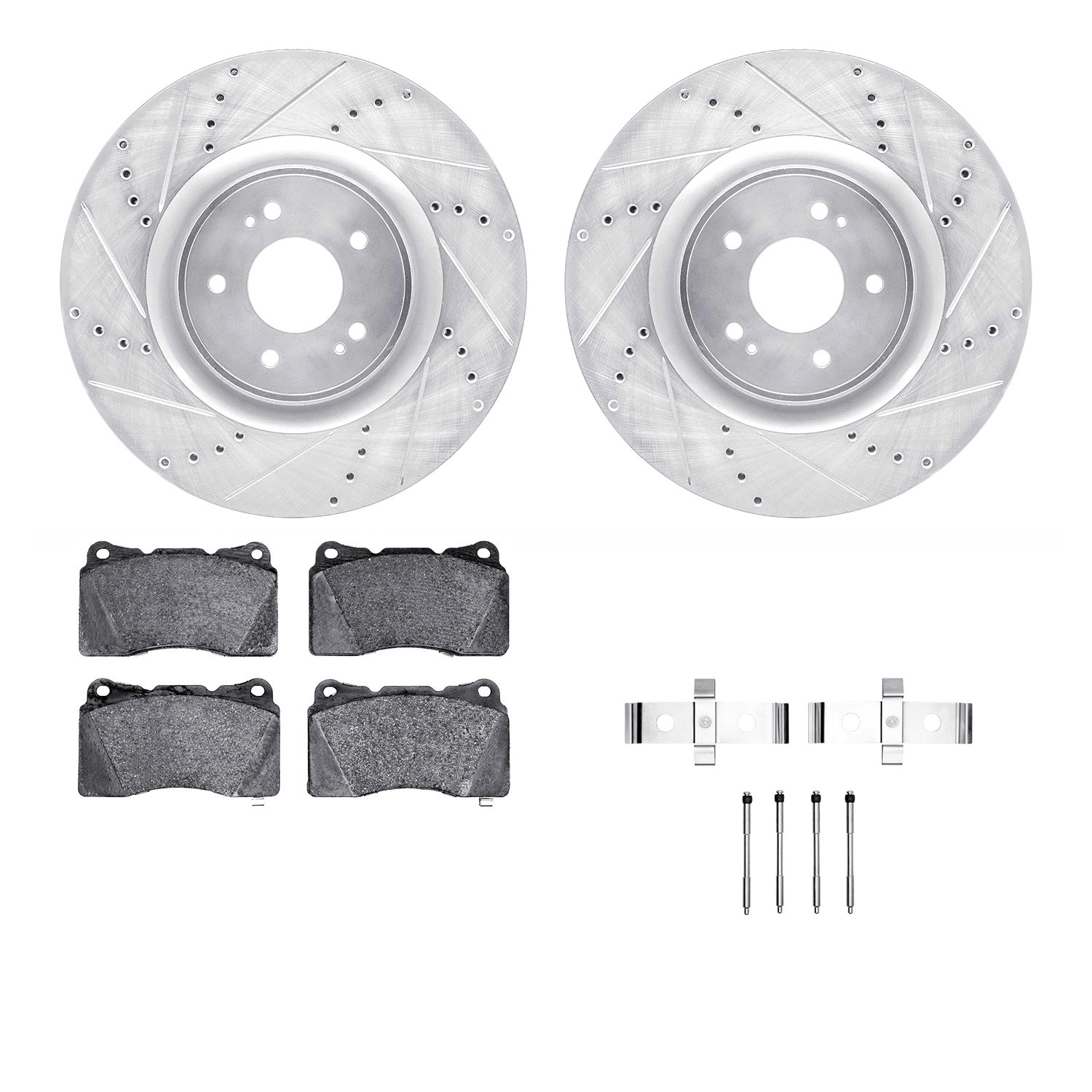 7512-72065 Drilled/Slotted Brake Rotors w/5000 Advanced Brake Pads Kit & Hardware [Silver], 2008-2015 Mitsubishi, Position: Fron