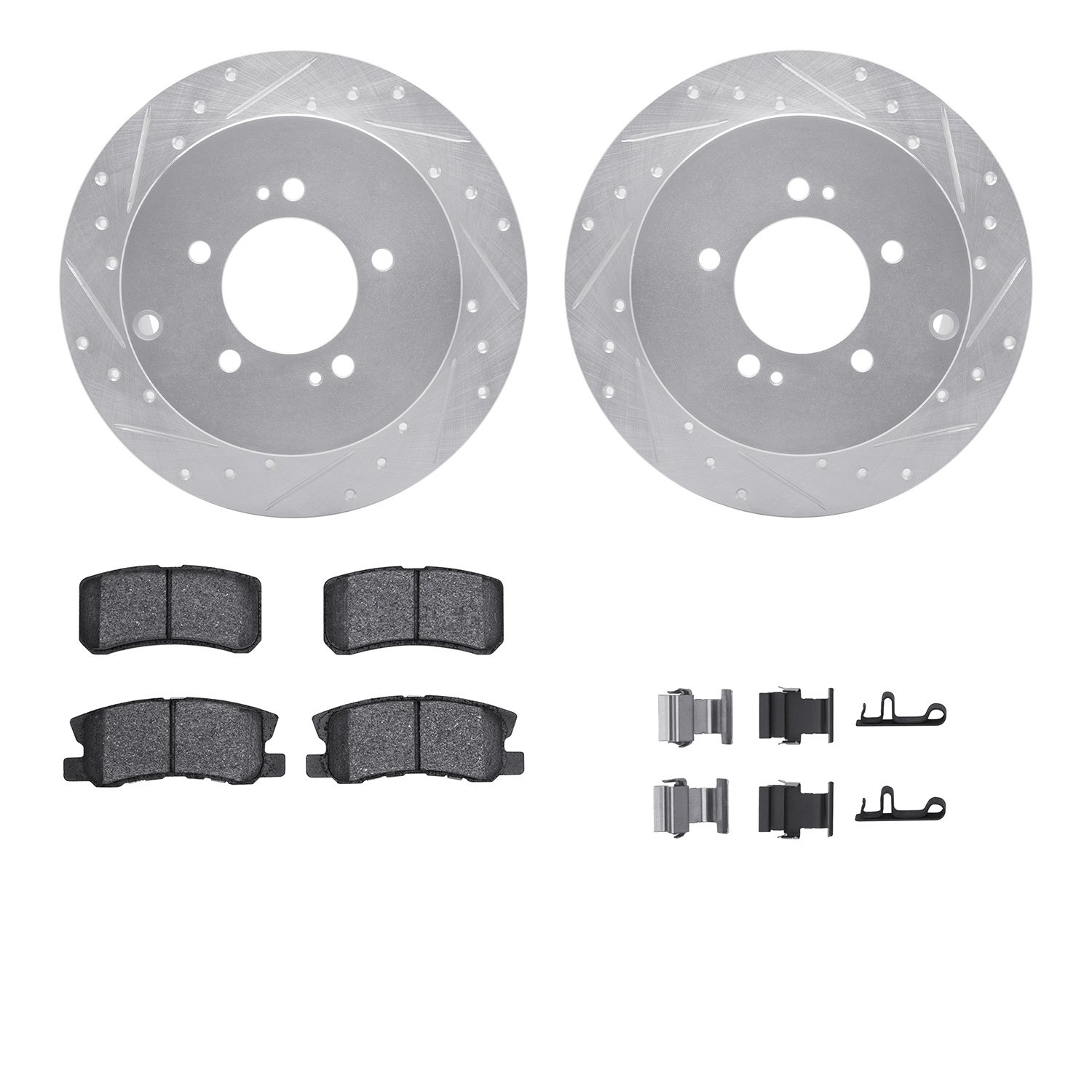 7512-72075 Drilled/Slotted Brake Rotors w/5000 Advanced Brake Pads Kit & Hardware [Silver], 2007-2015 Mitsubishi, Position: Rear