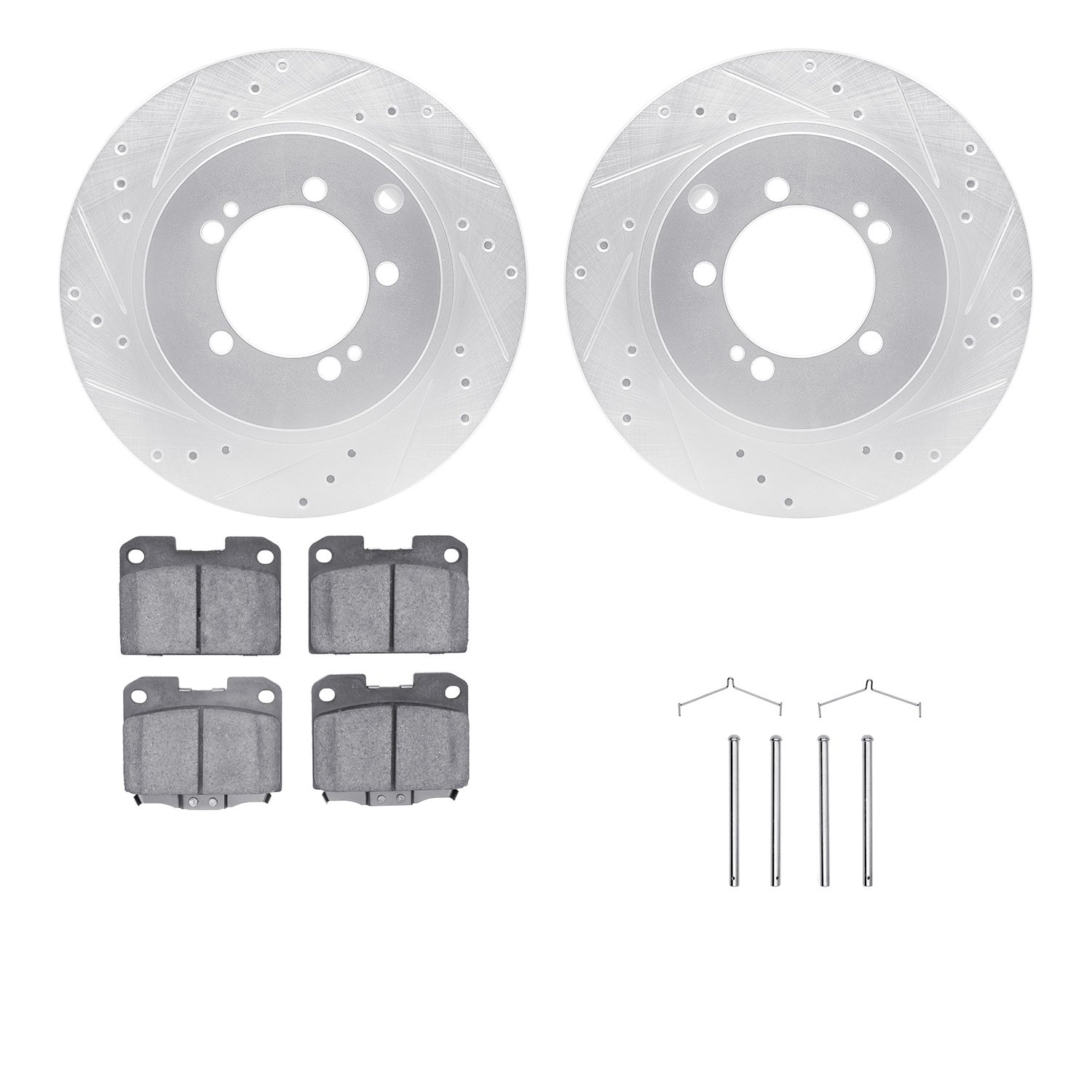 7512-72183 Drilled/Slotted Brake Rotors w/5000 Advanced Brake Pads Kit & Hardware [Silver], 1993-1999 Multiple Makes/Models, Pos